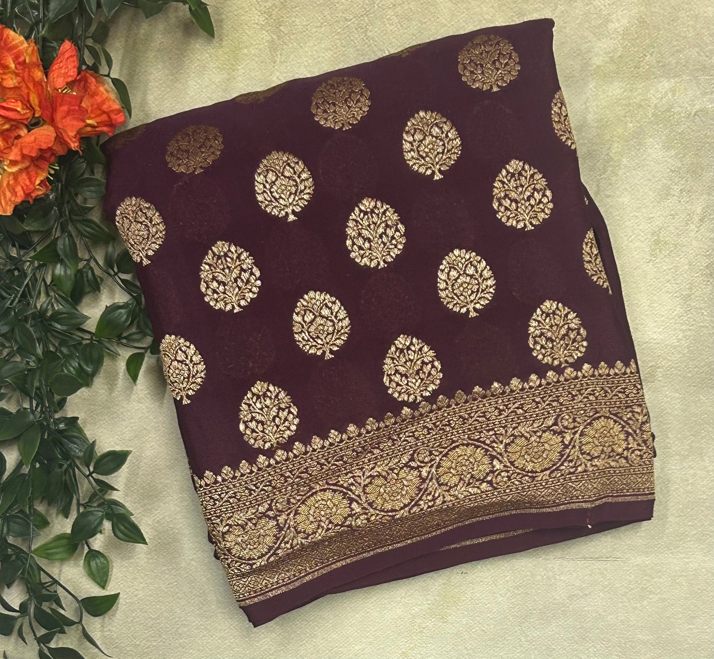 Wine small n big butta pure benarasi crepe 103 saree