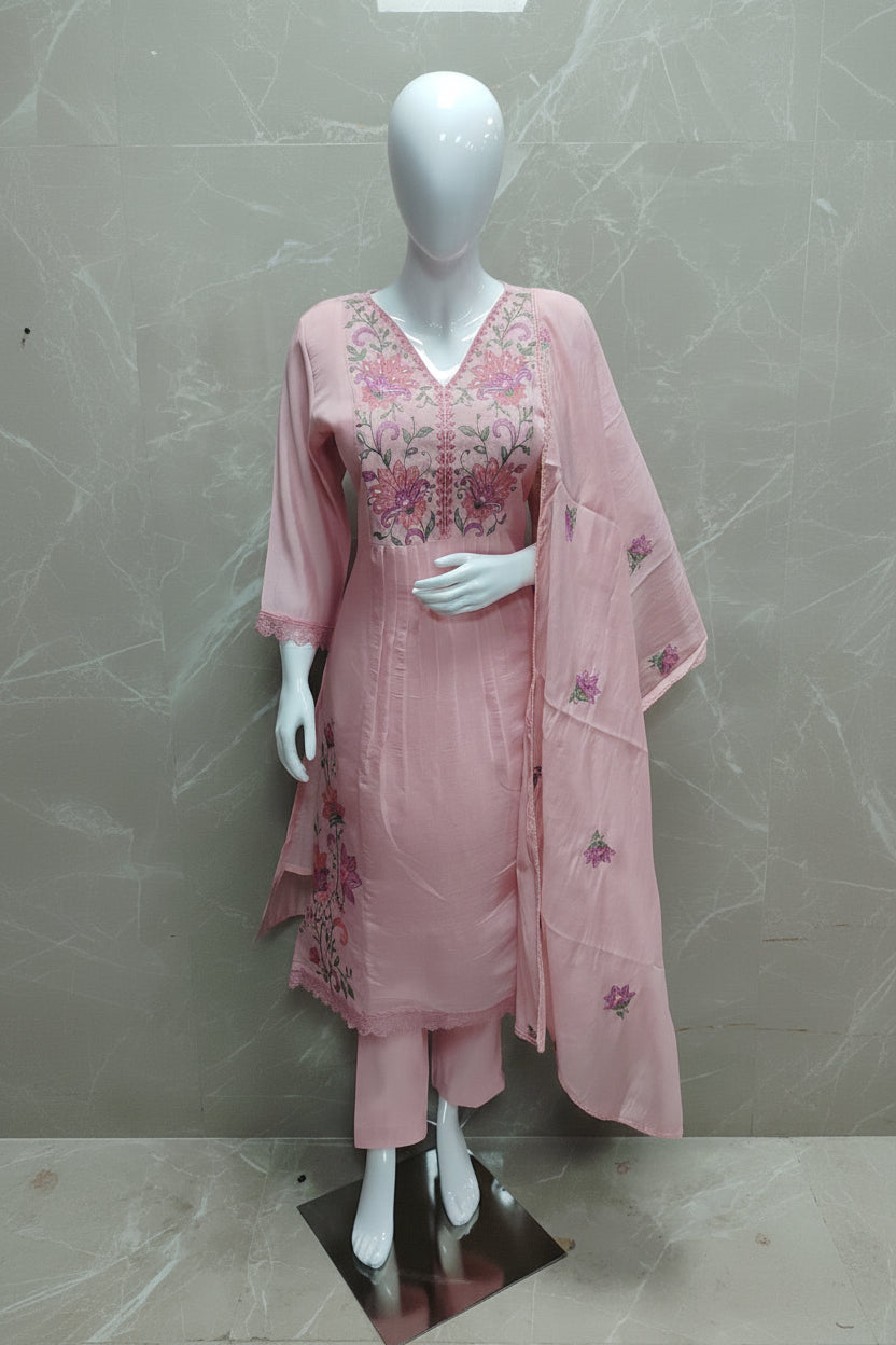 Baby Pink Mul Chanderi Thread Embroidery Straight Fit Kurtha