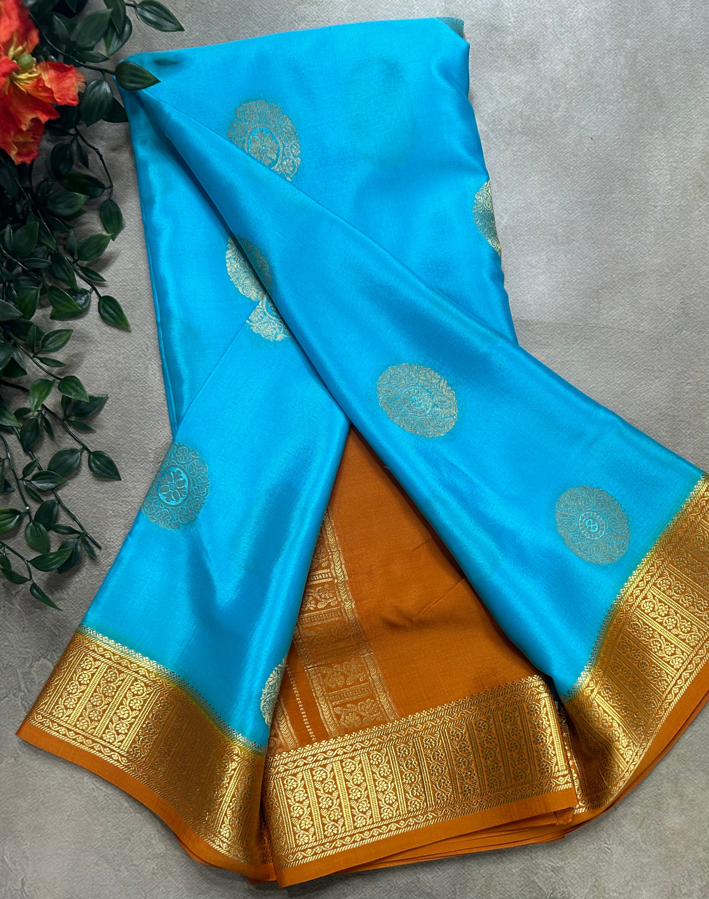 Sky blue n mustard yellow big Butta pure Mysore silk-104 saree