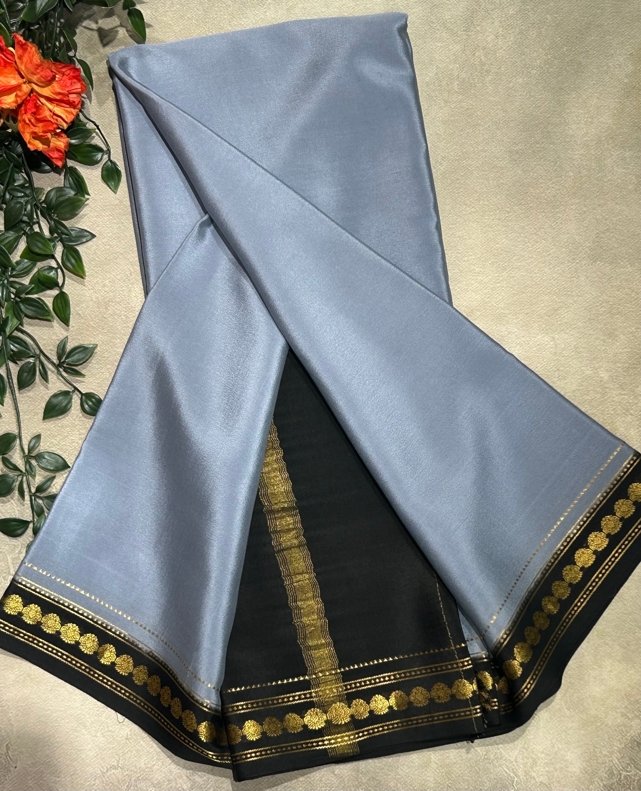 Grey stripes border pure Mysore silk-103 saree