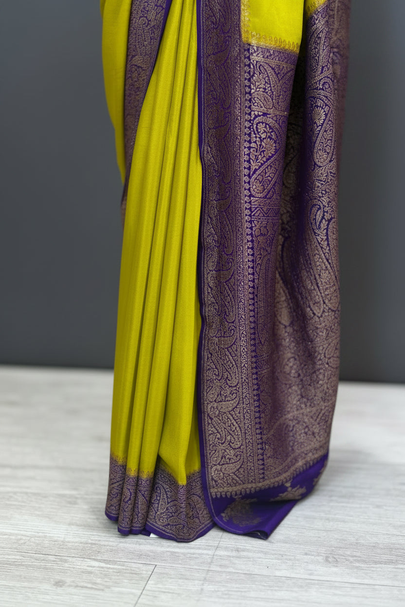 Neon green n purple pure Benarasi crepe 105 saree