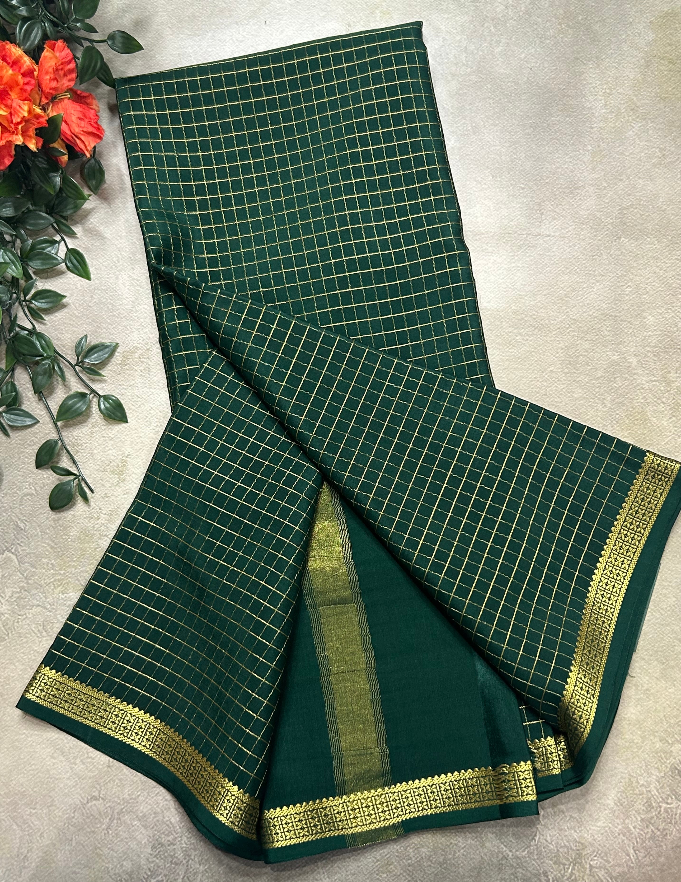 Bottle green small checks pure Mysore silk 105 saree