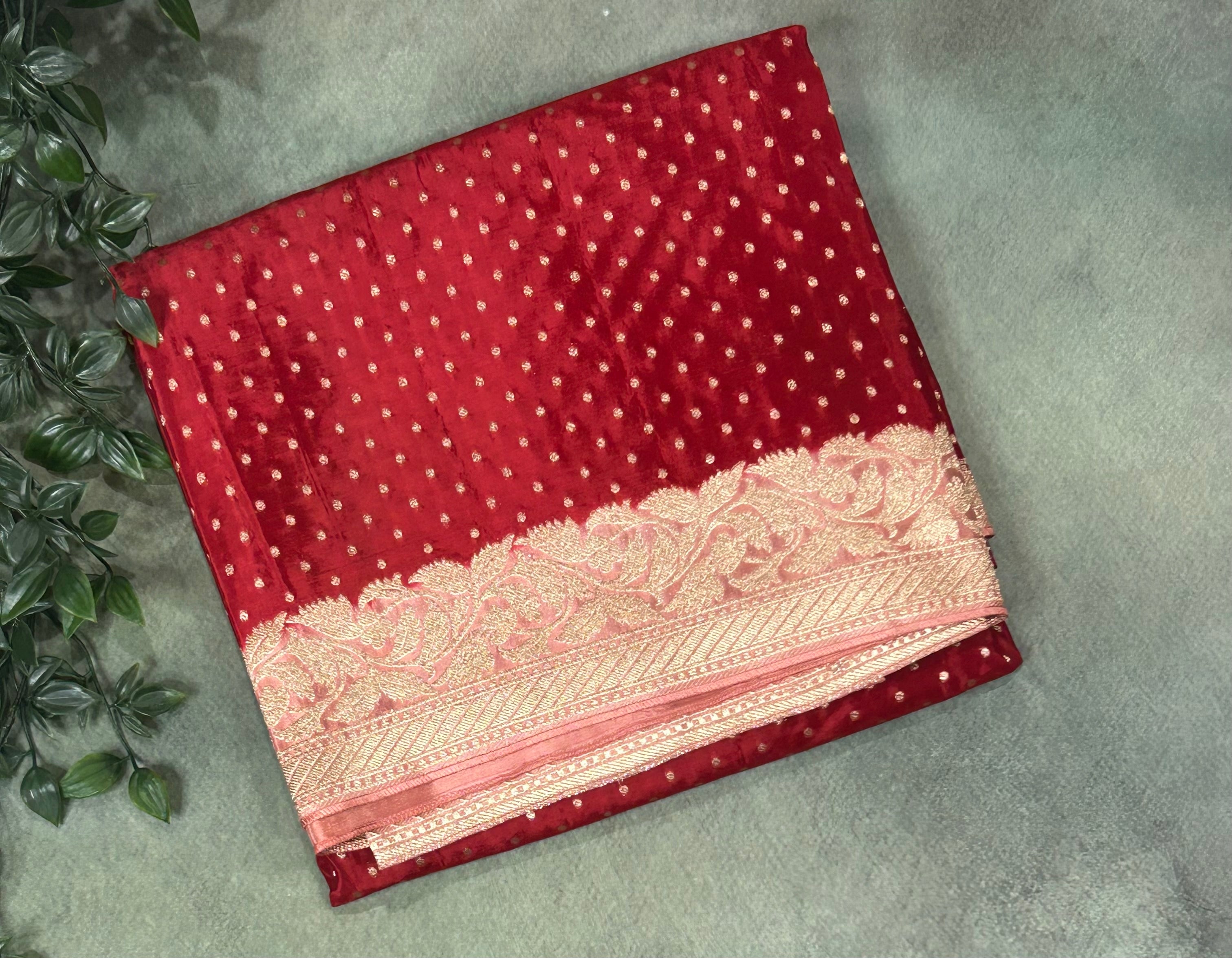 Dark red n peach 1000 Butta satin crepe saree