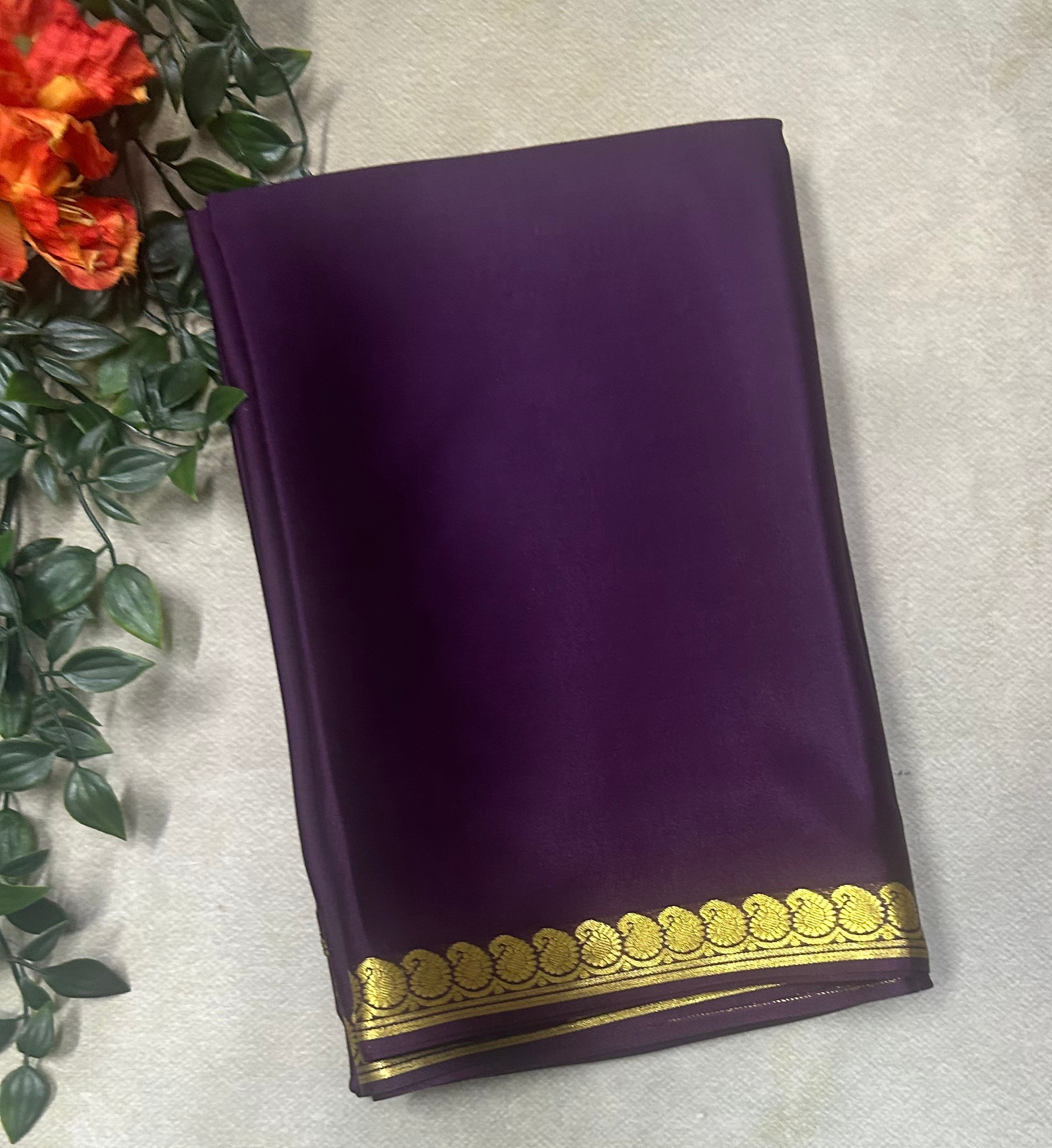 Dark wine small border pure Mysore silk saree