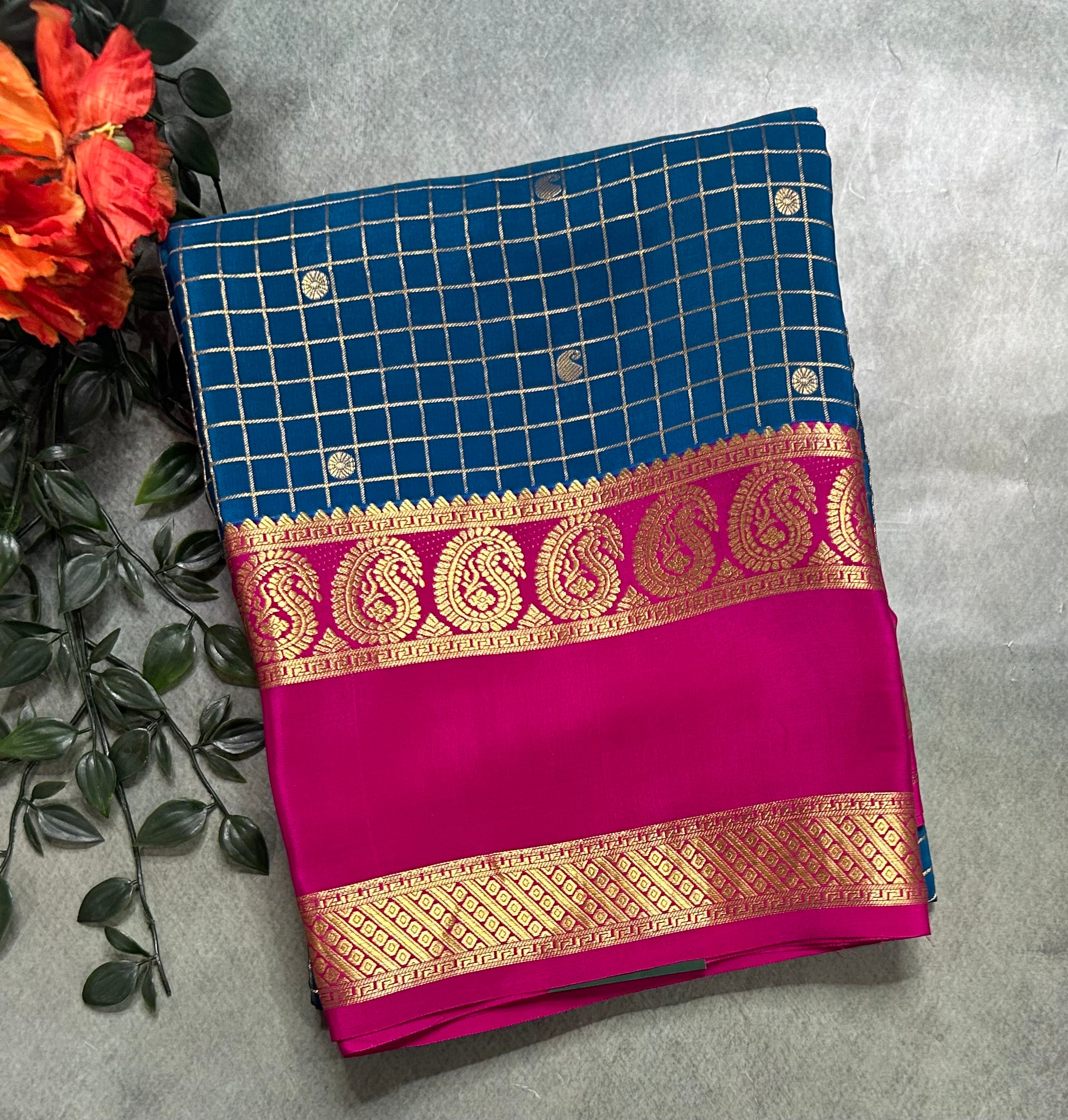 Dark Rama green small checks pure Mysore silk 105 saree