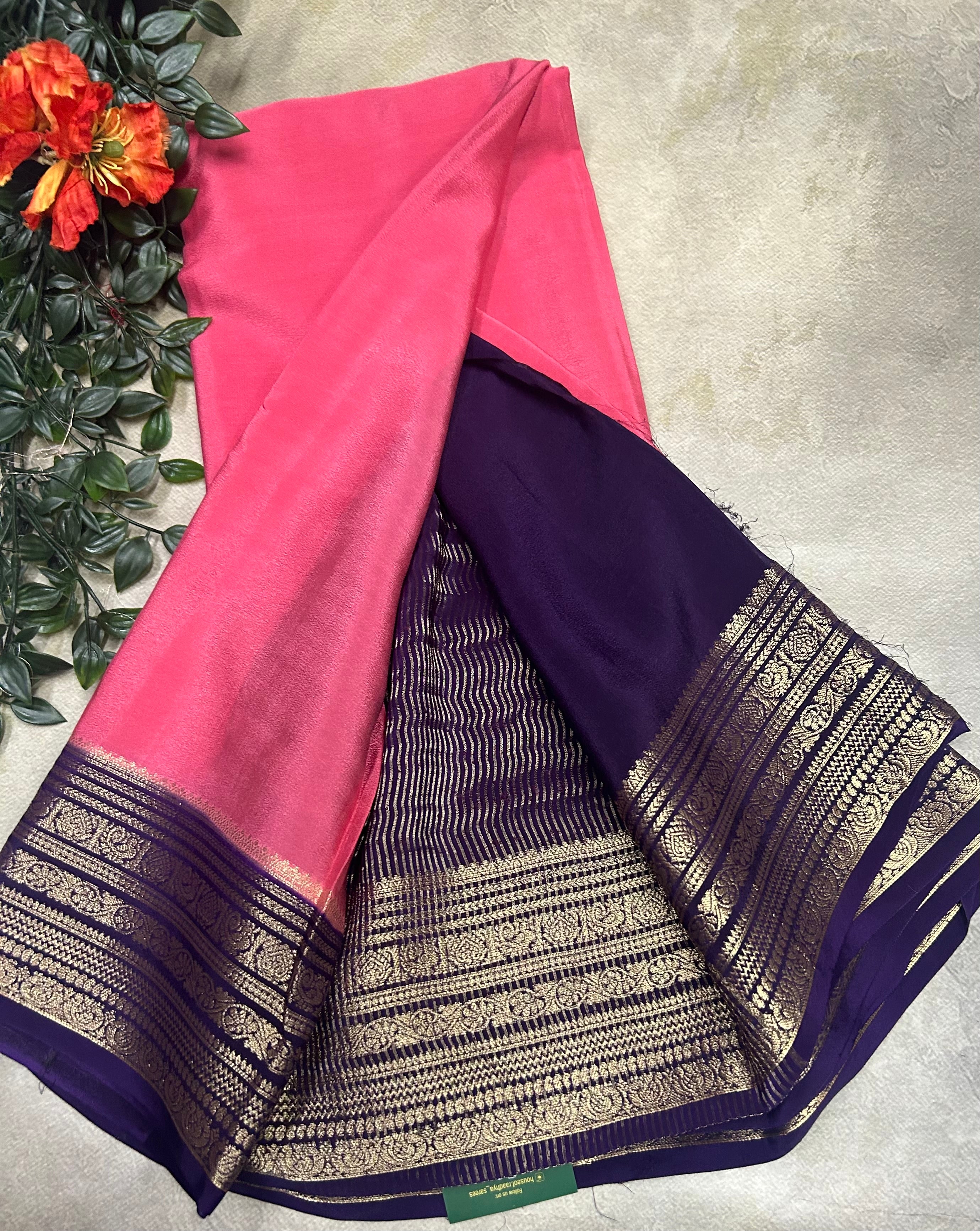Pastel pink n purple plain semi Mysore crepe silk 105 saree