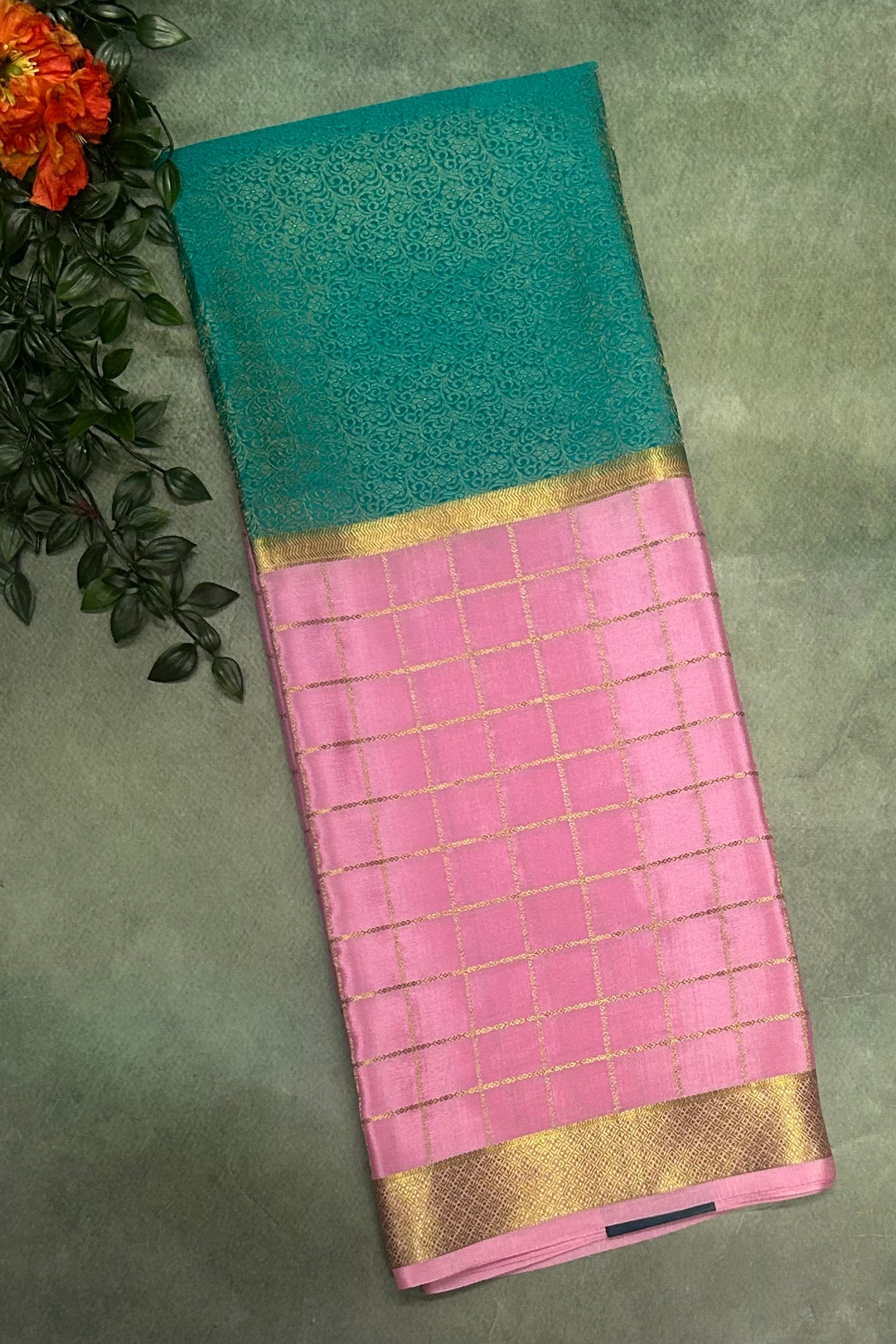 Pastel pink n Rama green pure Mysore crepe silk 103 saree