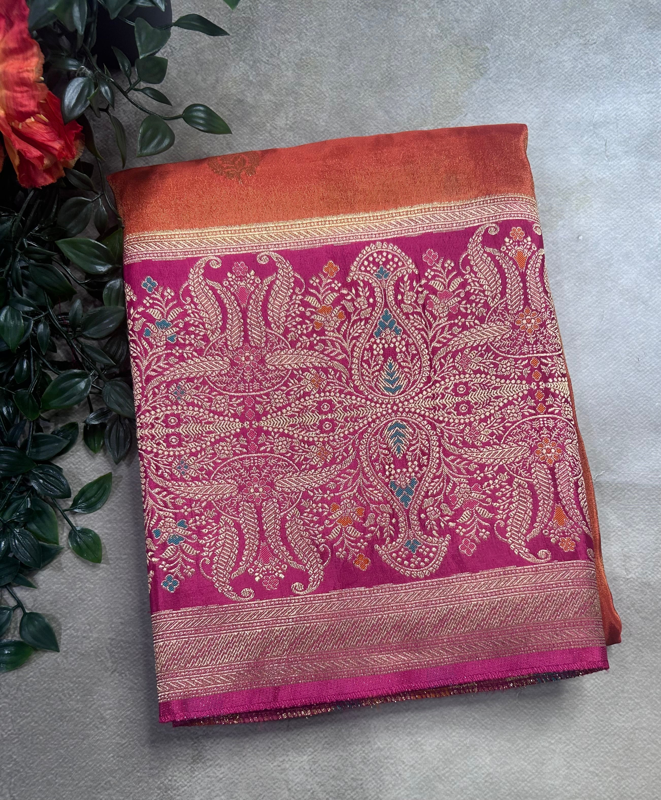 Orange contrast long border soft semi tissue crepe 106 saree