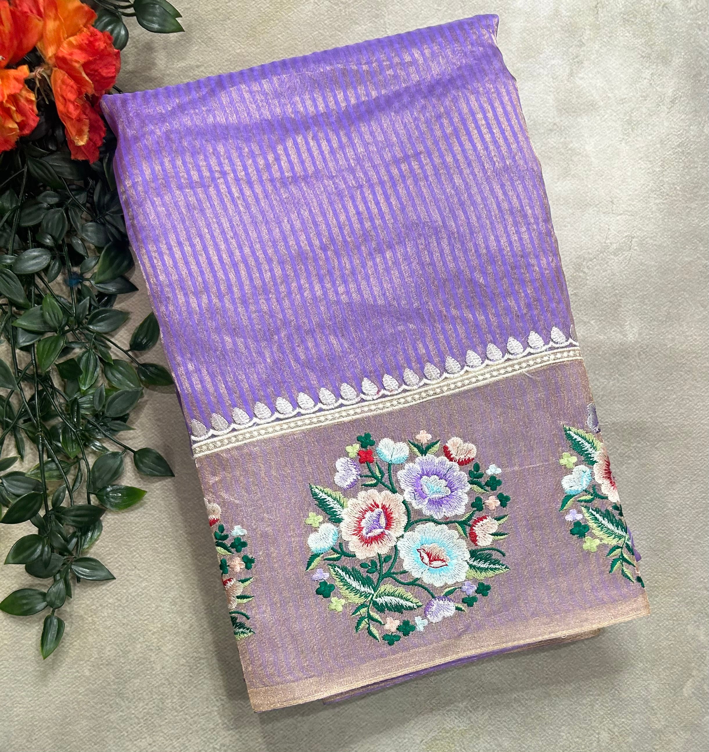 Lilac stripes floral embroidery work pure organza 105 saree