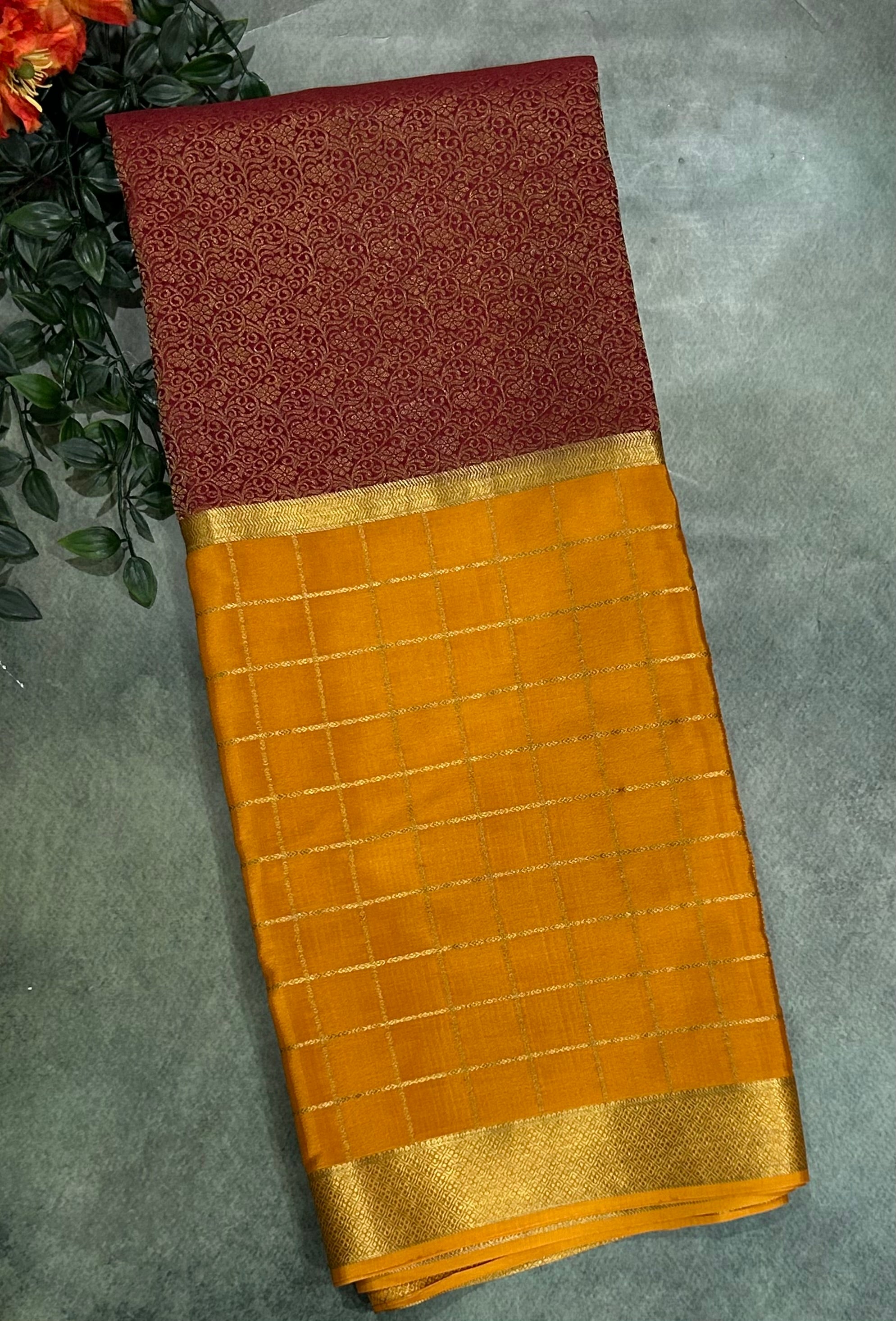 Mustard yellow n maroon pure Mysore crepe silk 103 saree