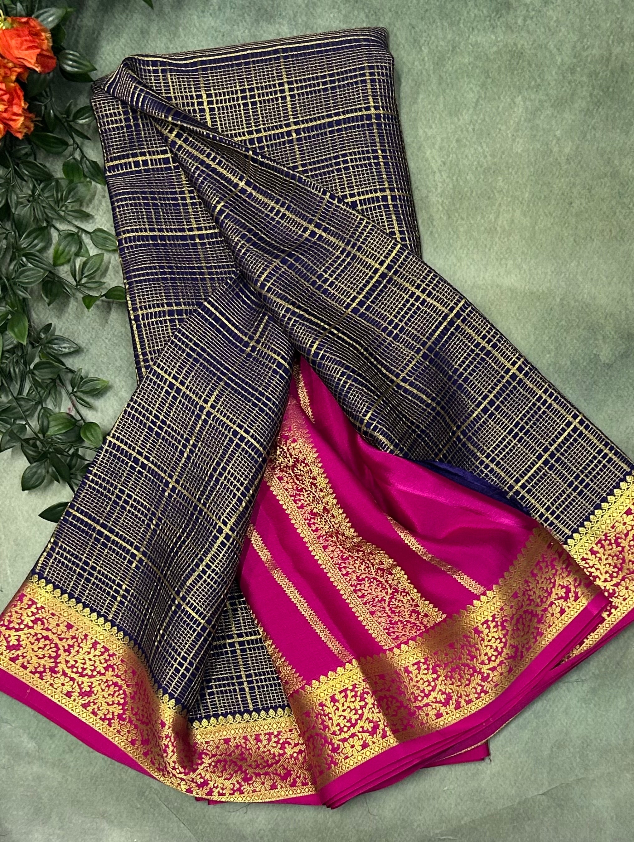 Navy blue n pink checks brocade Pure Mysore silk crepe 103 Saree