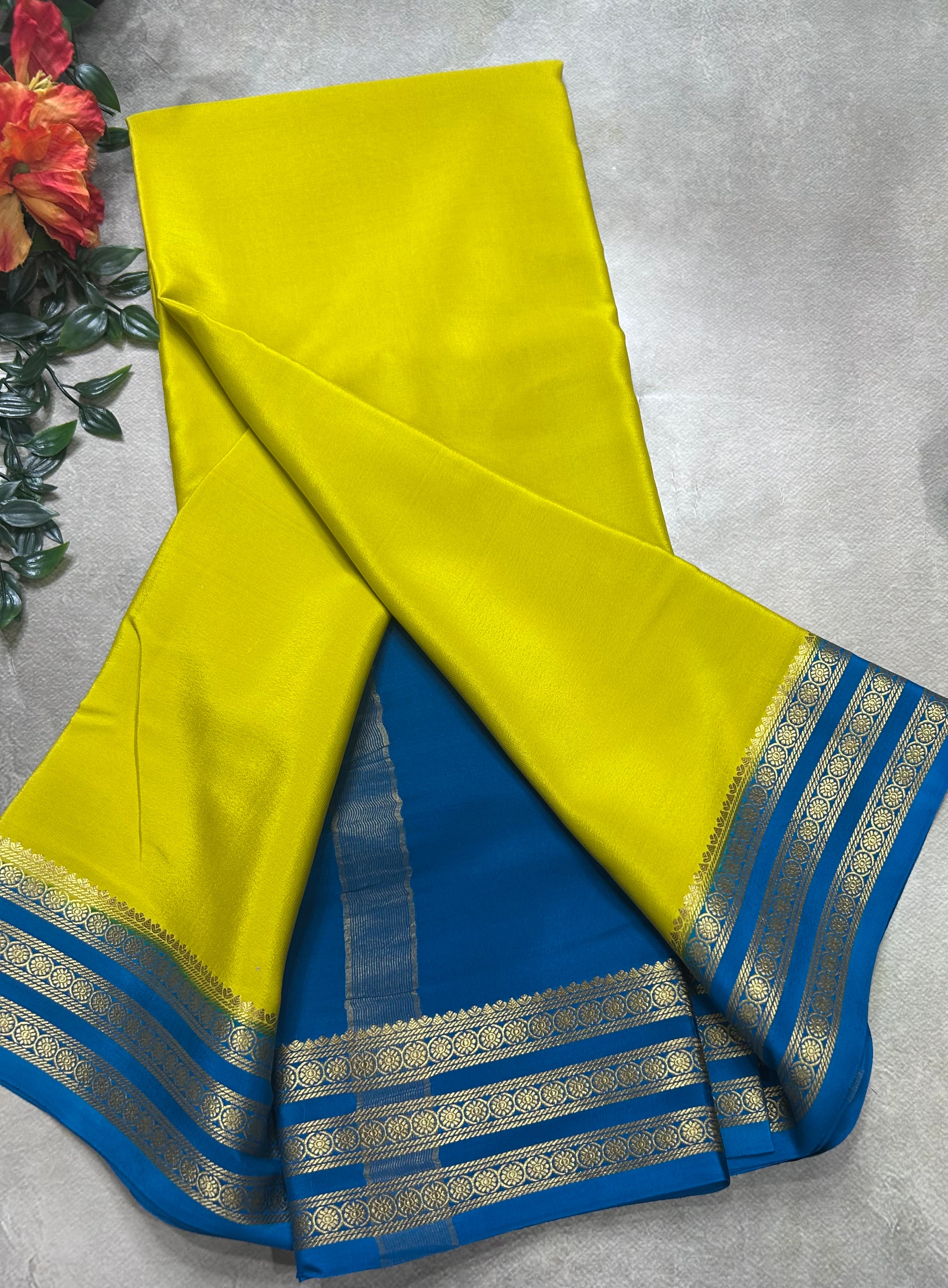 Neon yellow small border pure mysore silk saree(MSC106)