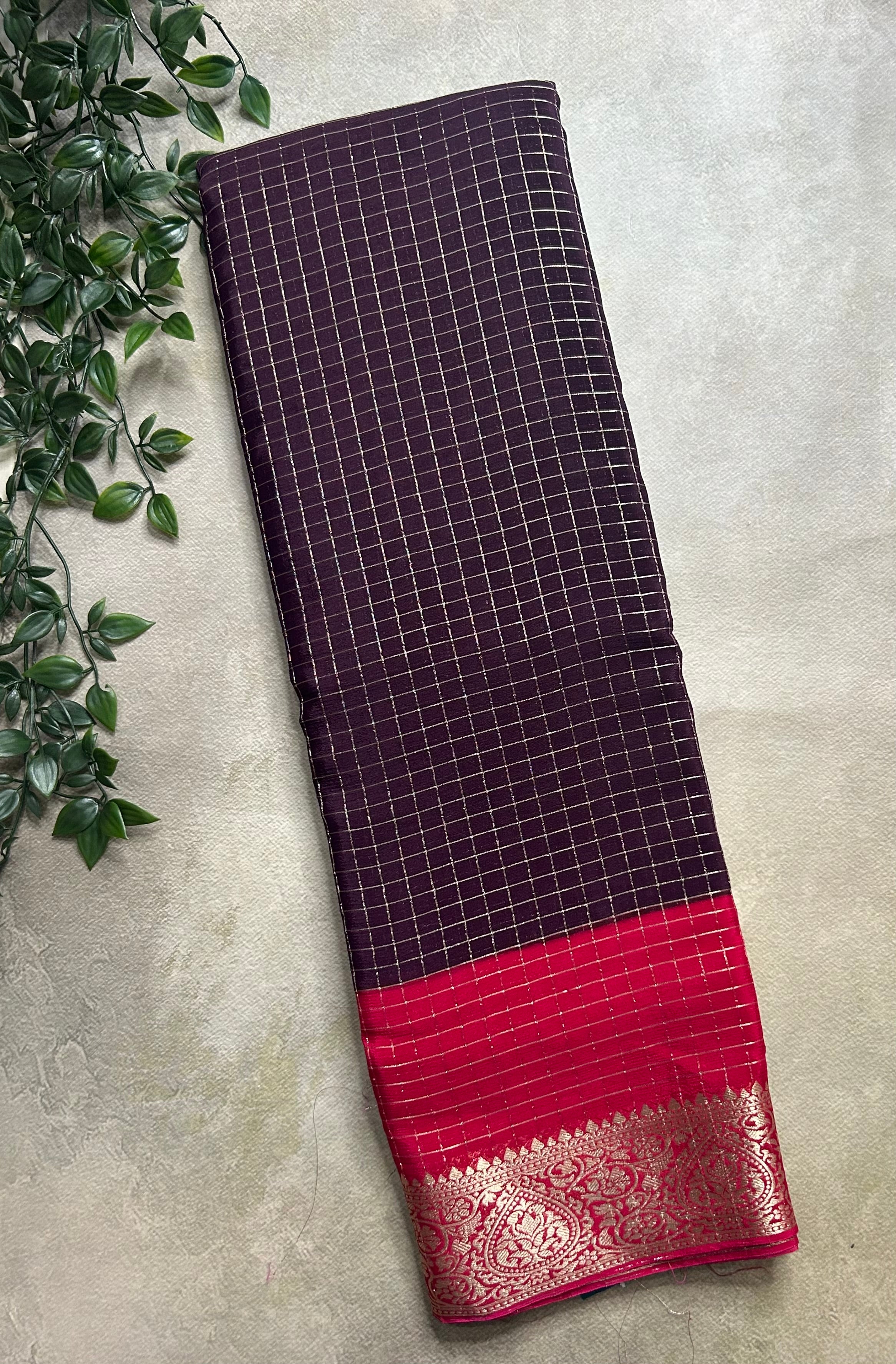 Dark wine n pink small checks semi crepe saree