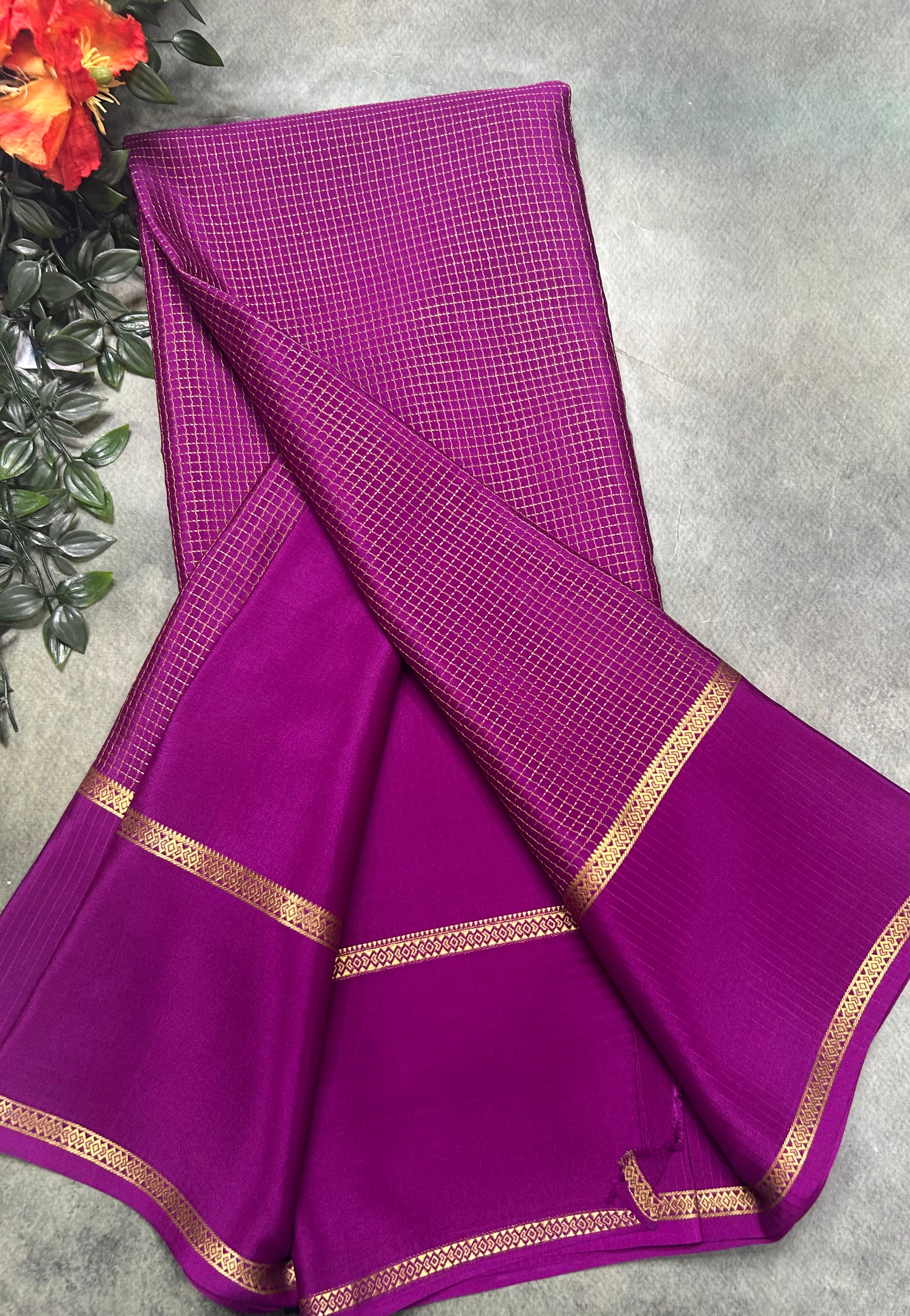 Purple small checks n bentex border pure Mysore silk saree SMC105