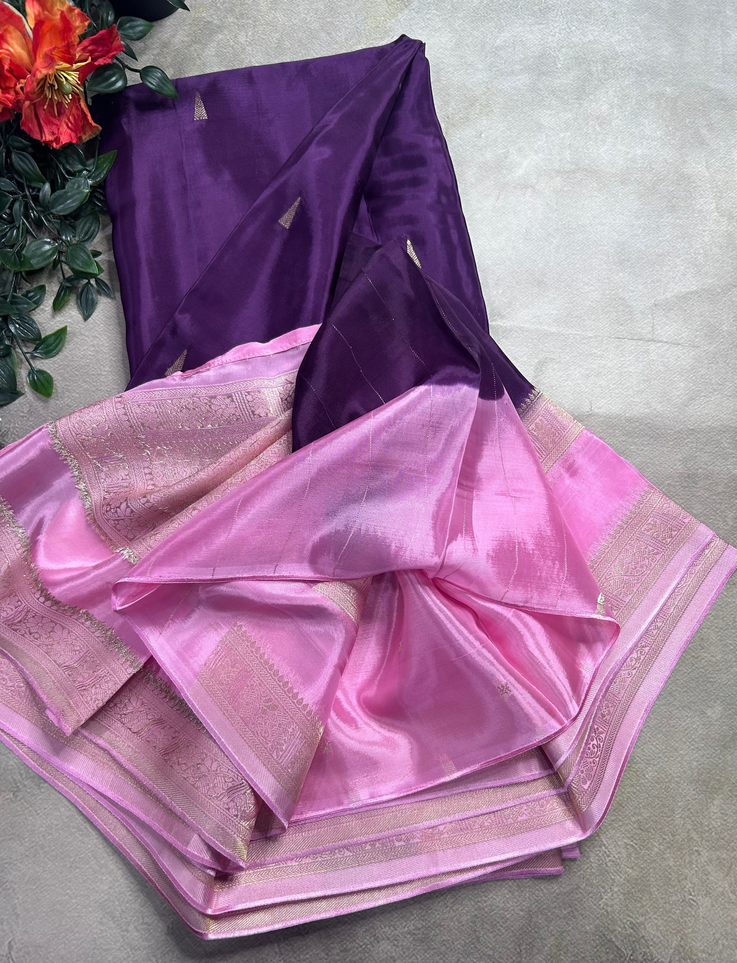 Purple contrast bentex border semi Mysore crepe 106 saree