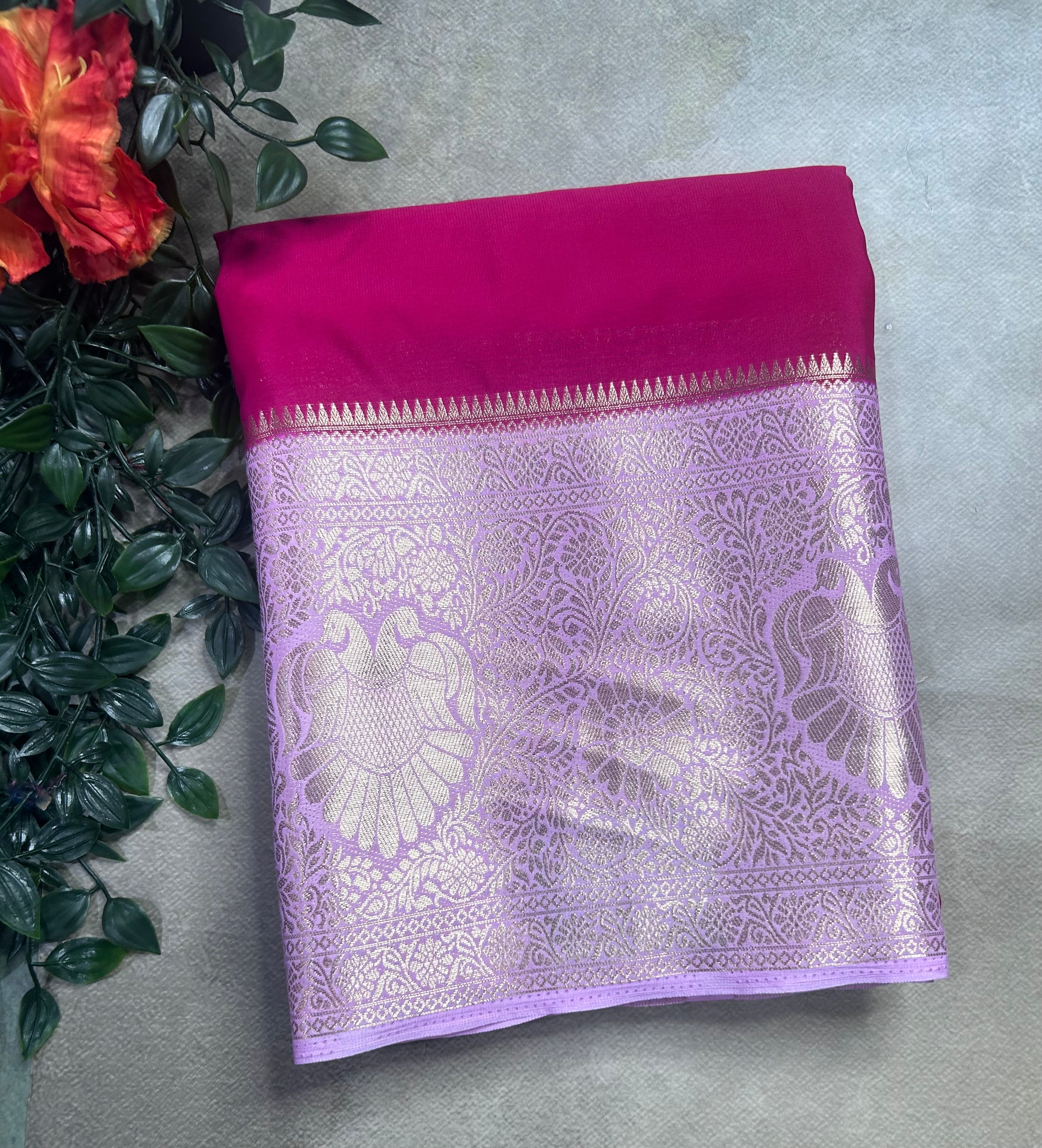 Rani pink contrast long border soft semi Mysore crepe 106 saree