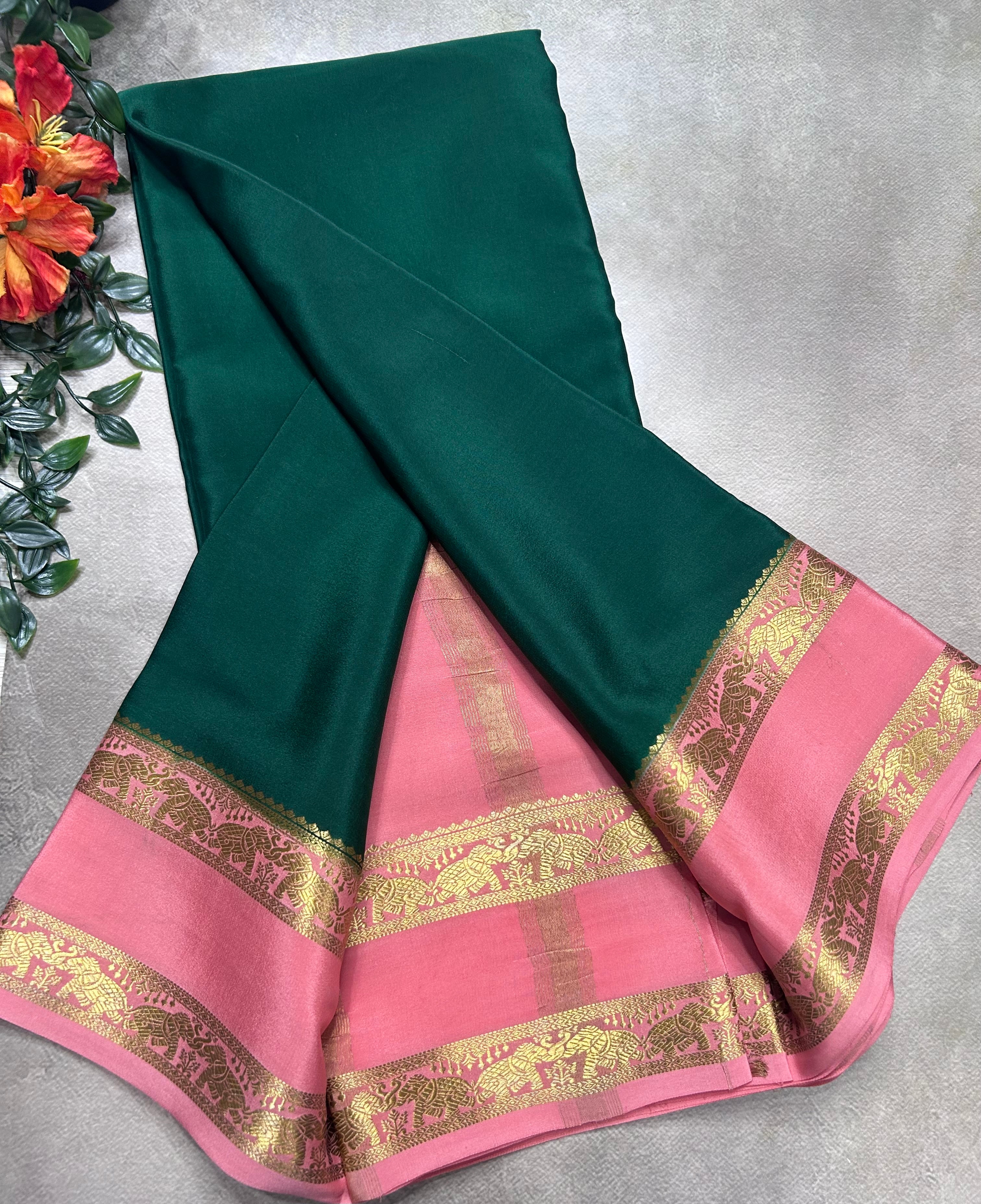 Bottle green bentex border pure mysore silk saree(MSC106)