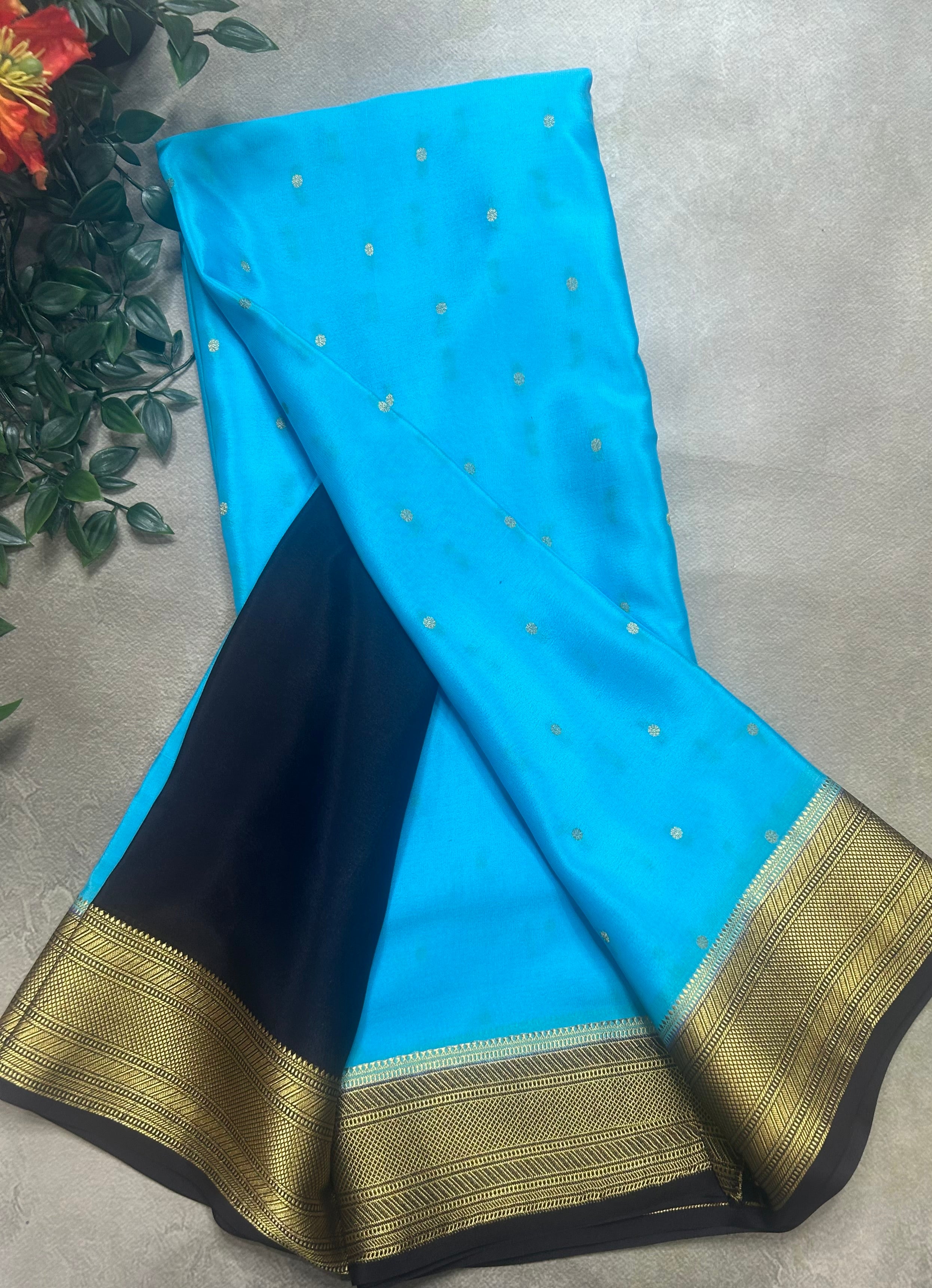 Sky blue n dark brown small border pure Mysore silk-104 saree