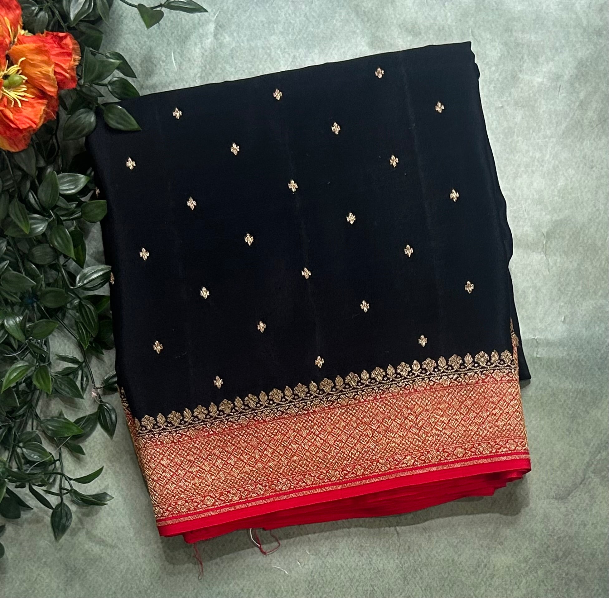 Black n red small Butta pure Benarasi crepe 104 saree