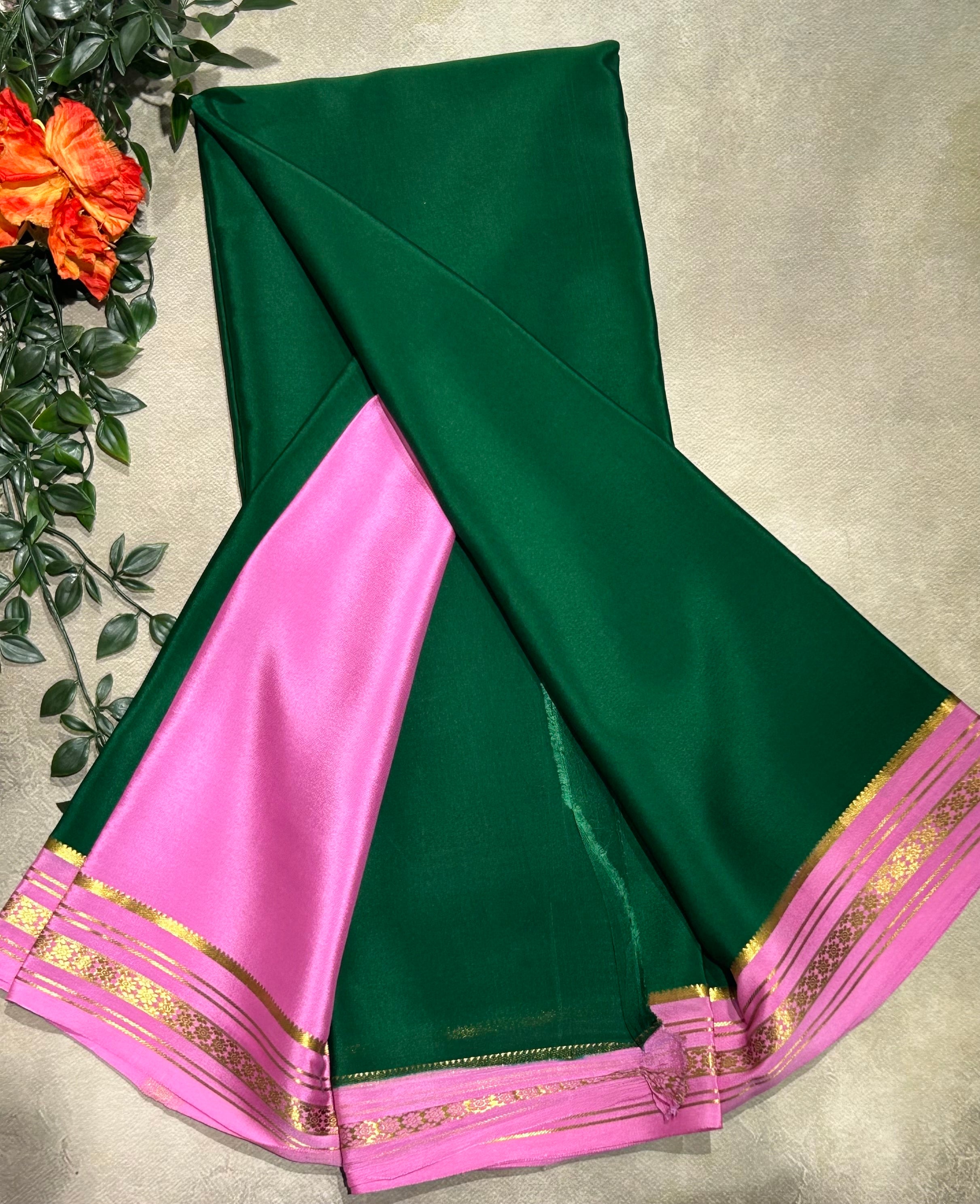 Bottle green stripes border pure Mysore silk-103 saree
