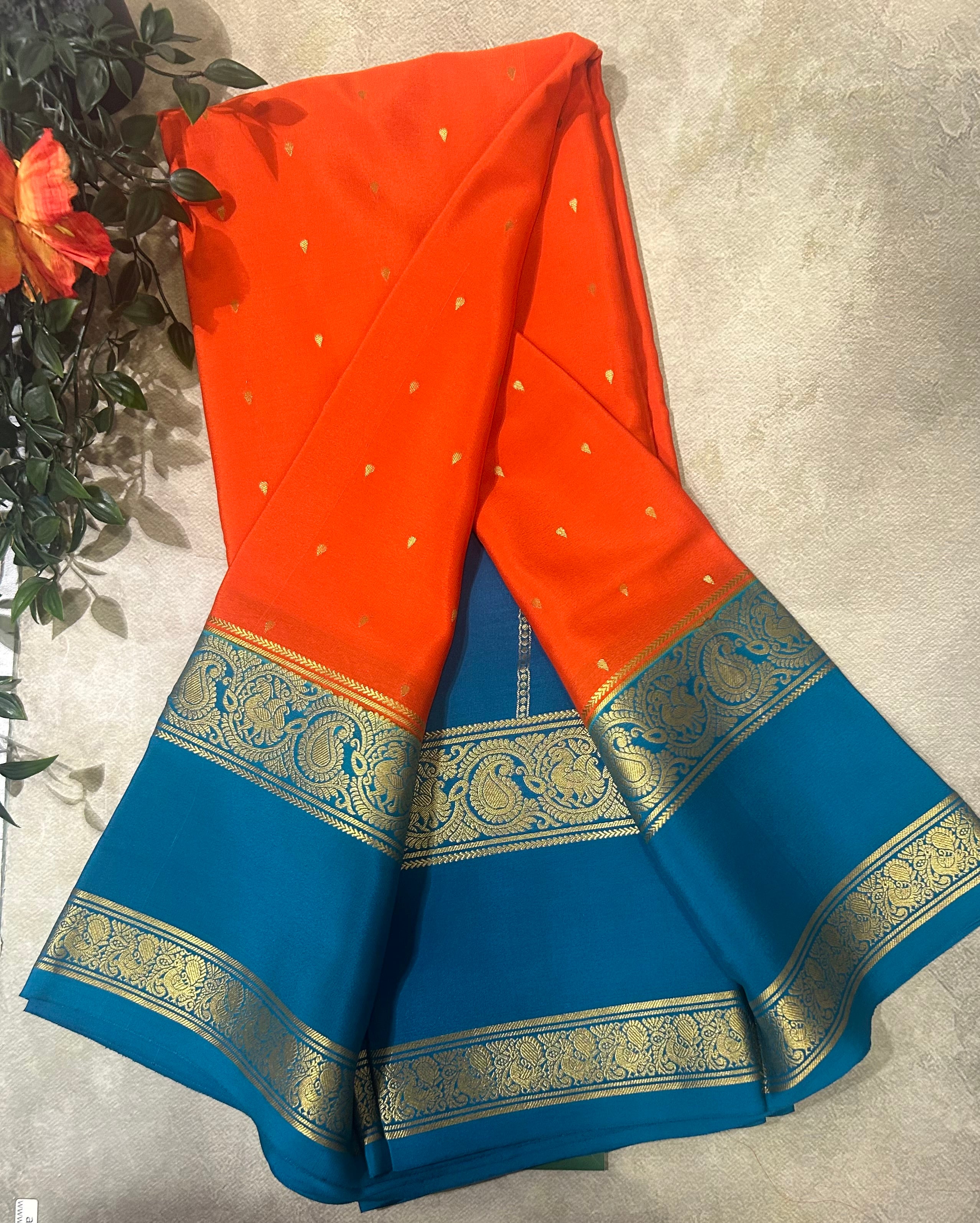 Orange bentex border pure Mysore silk 105 saree