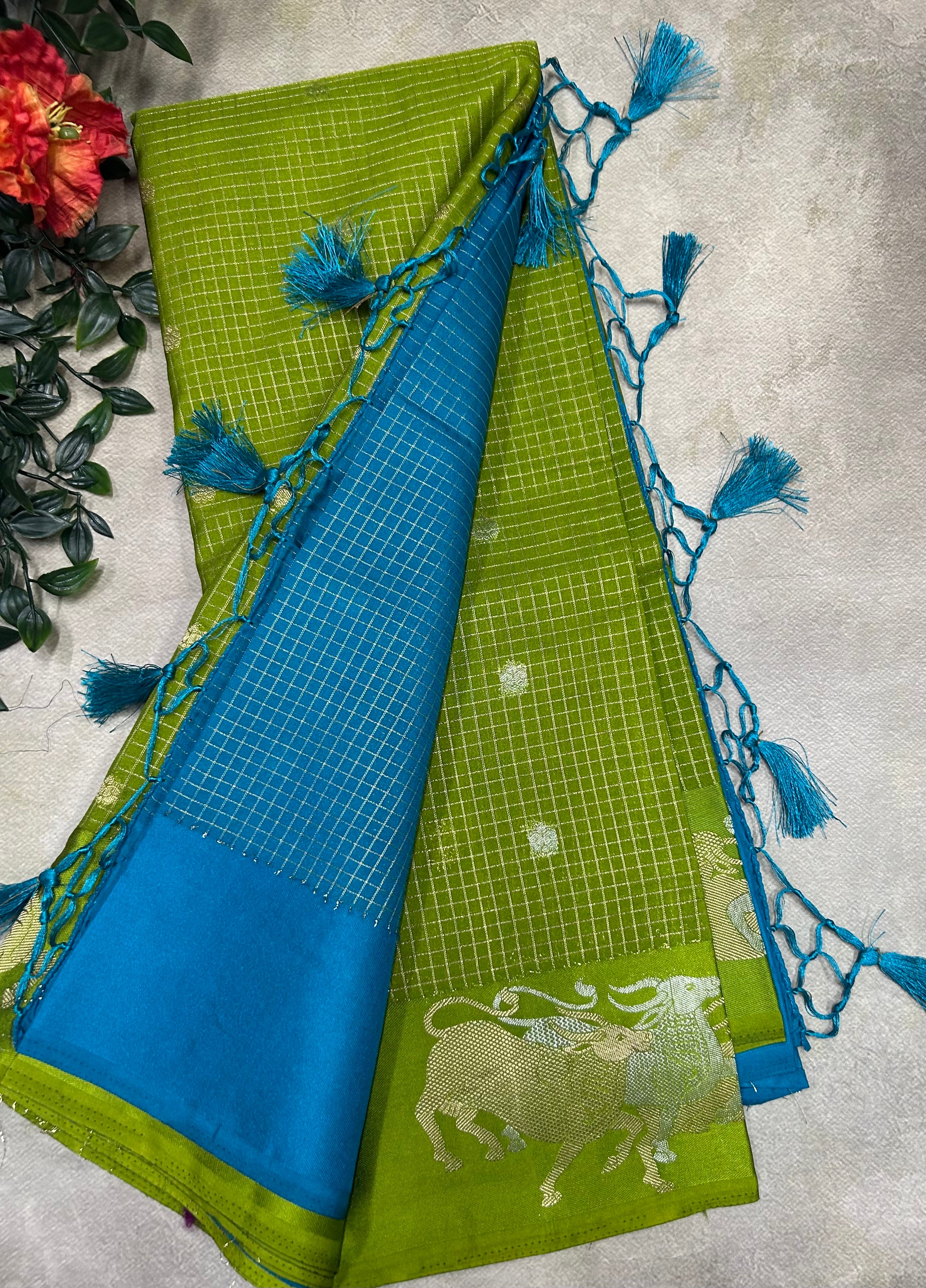 Light green small checks semi Mysore crepe saree(SMC106)