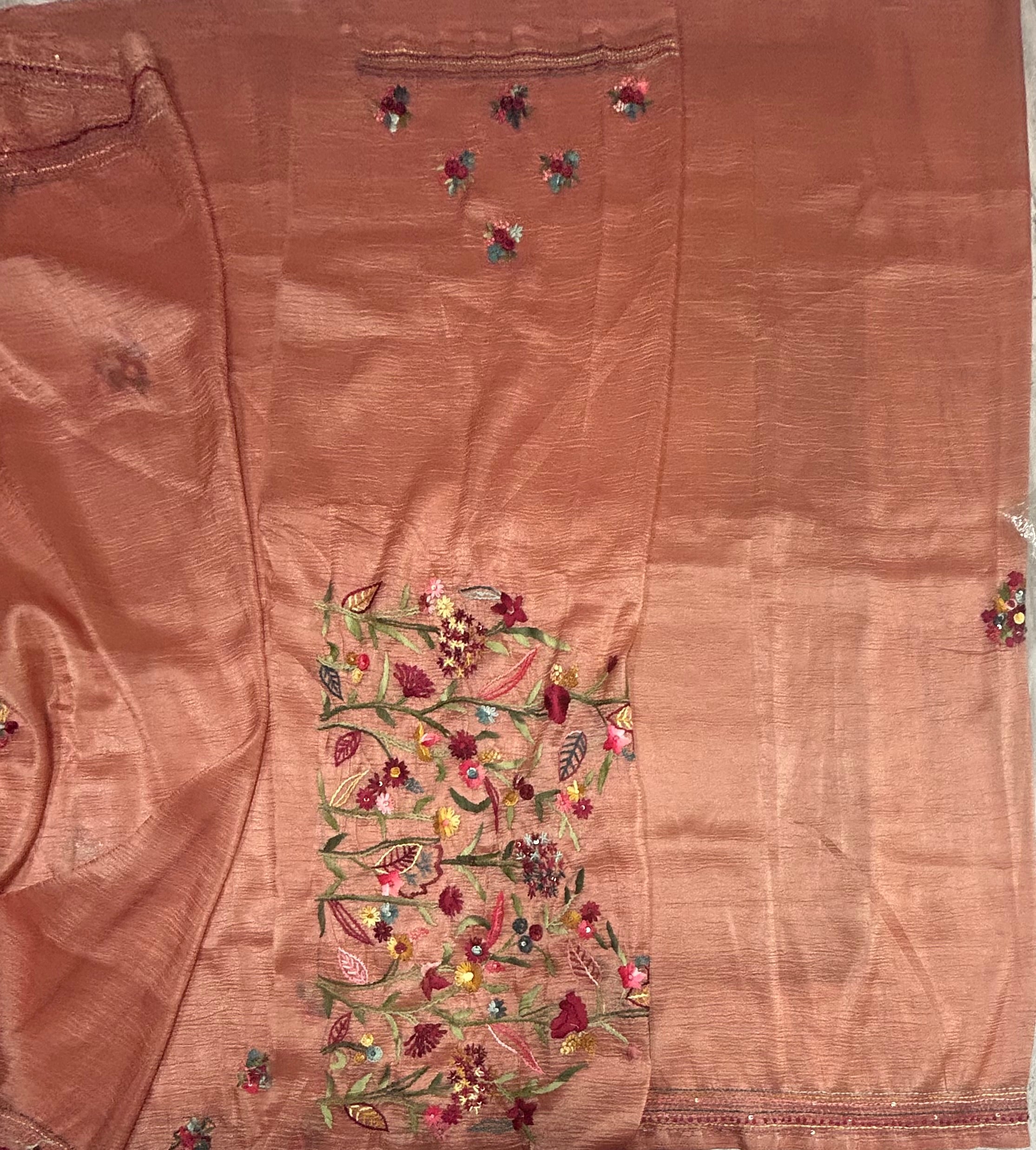Pastel pink embroidery work crushTissue saree