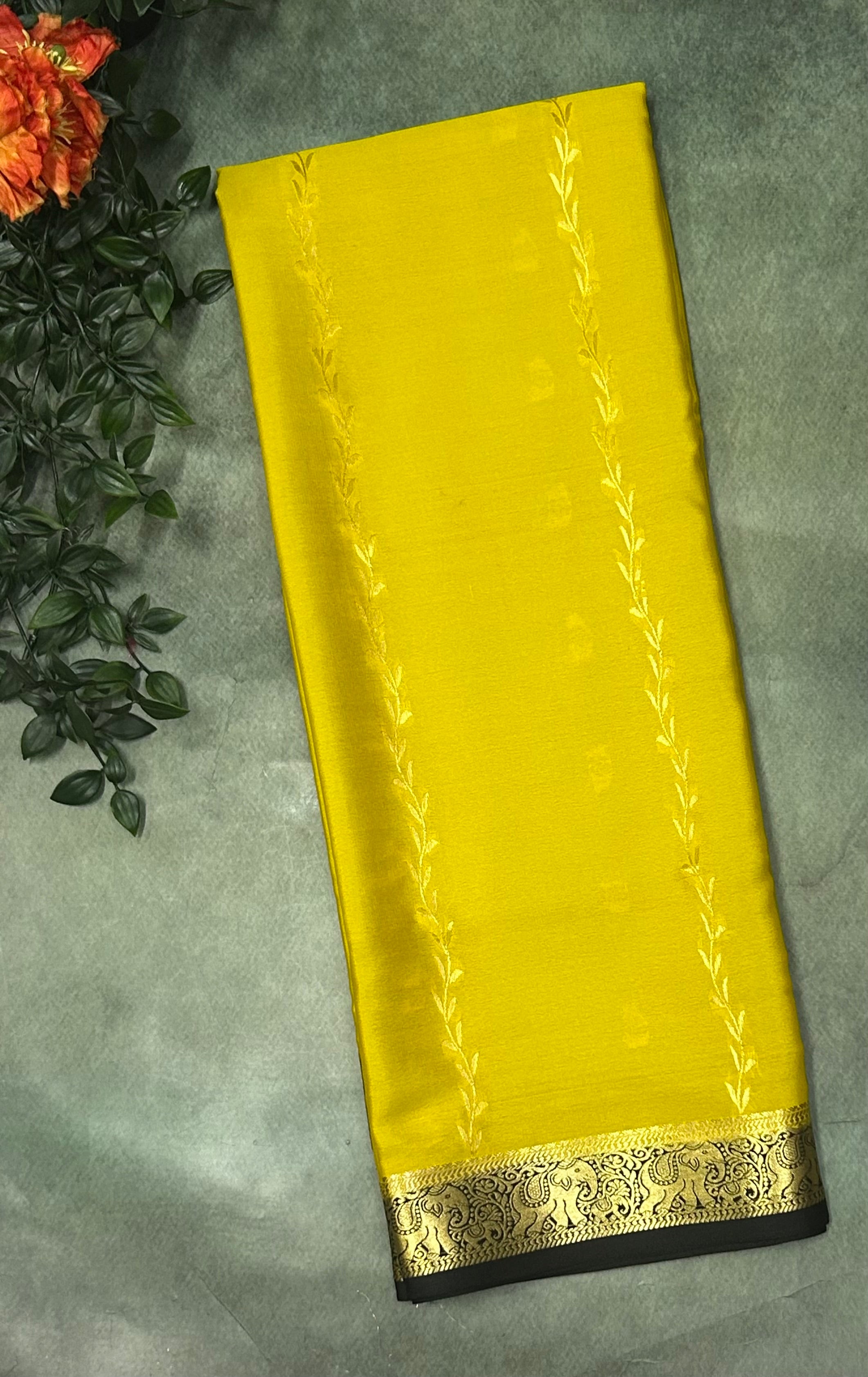 Neon yellow n black partly pallu Pure Mysore silk crepe 103 Saree