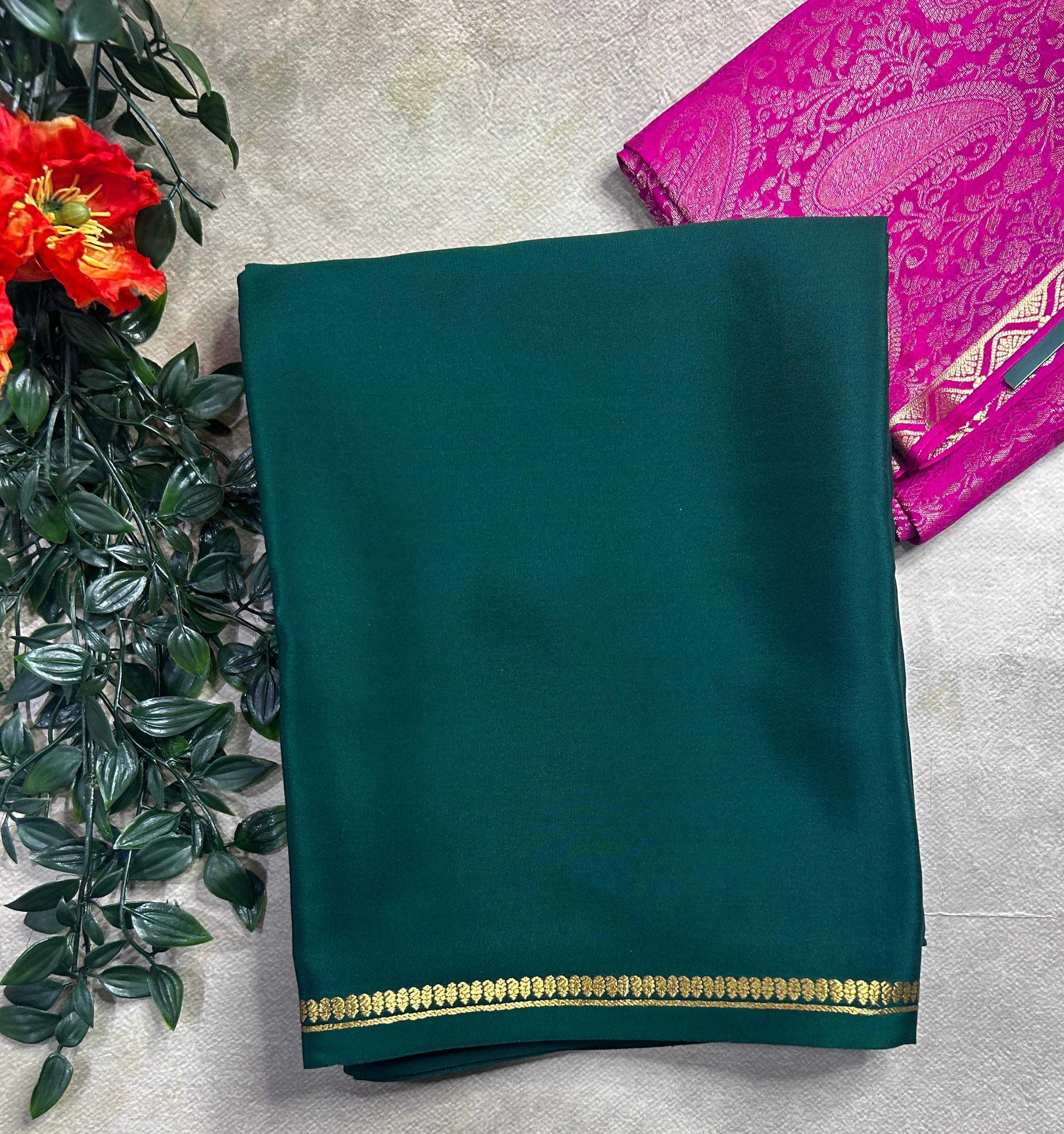 Bottle green plain pure mysore crepe silk saree with Mysore brocade blouse piece(MSM106)