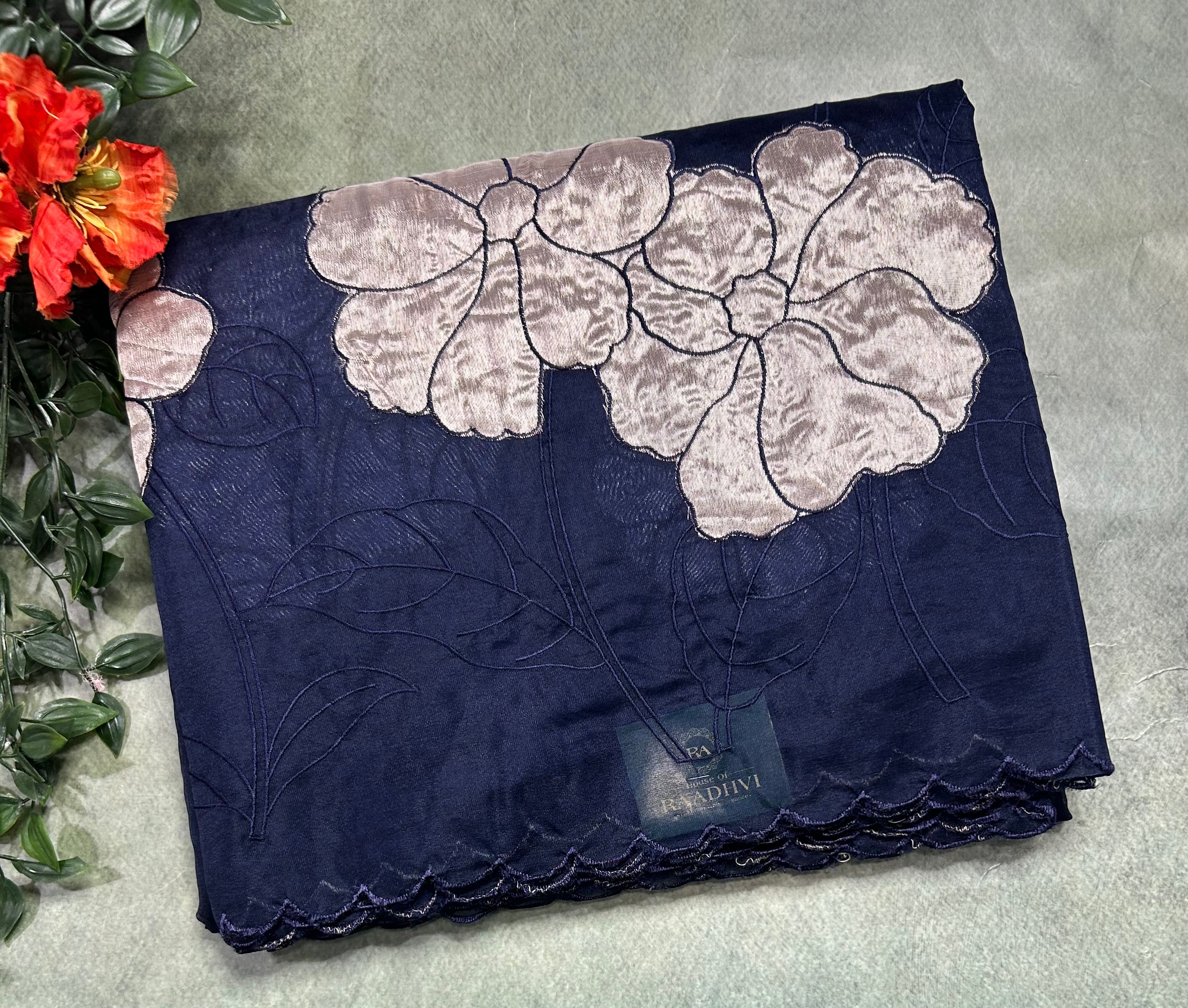 Navy blue vicose organza appliqué scallop border 105 saree