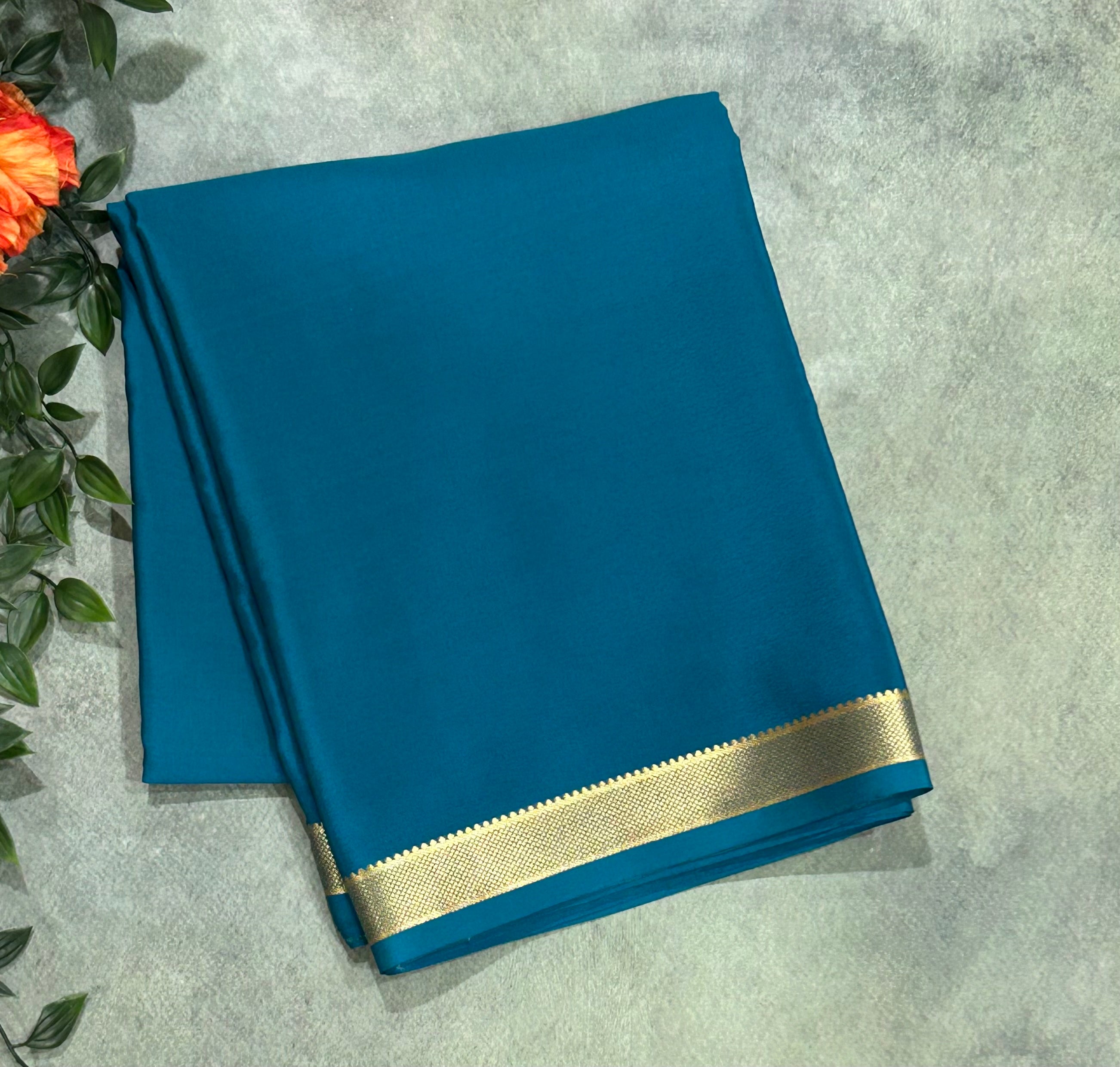 Dark Rama green plain one inch pure mysore silk-12 saree