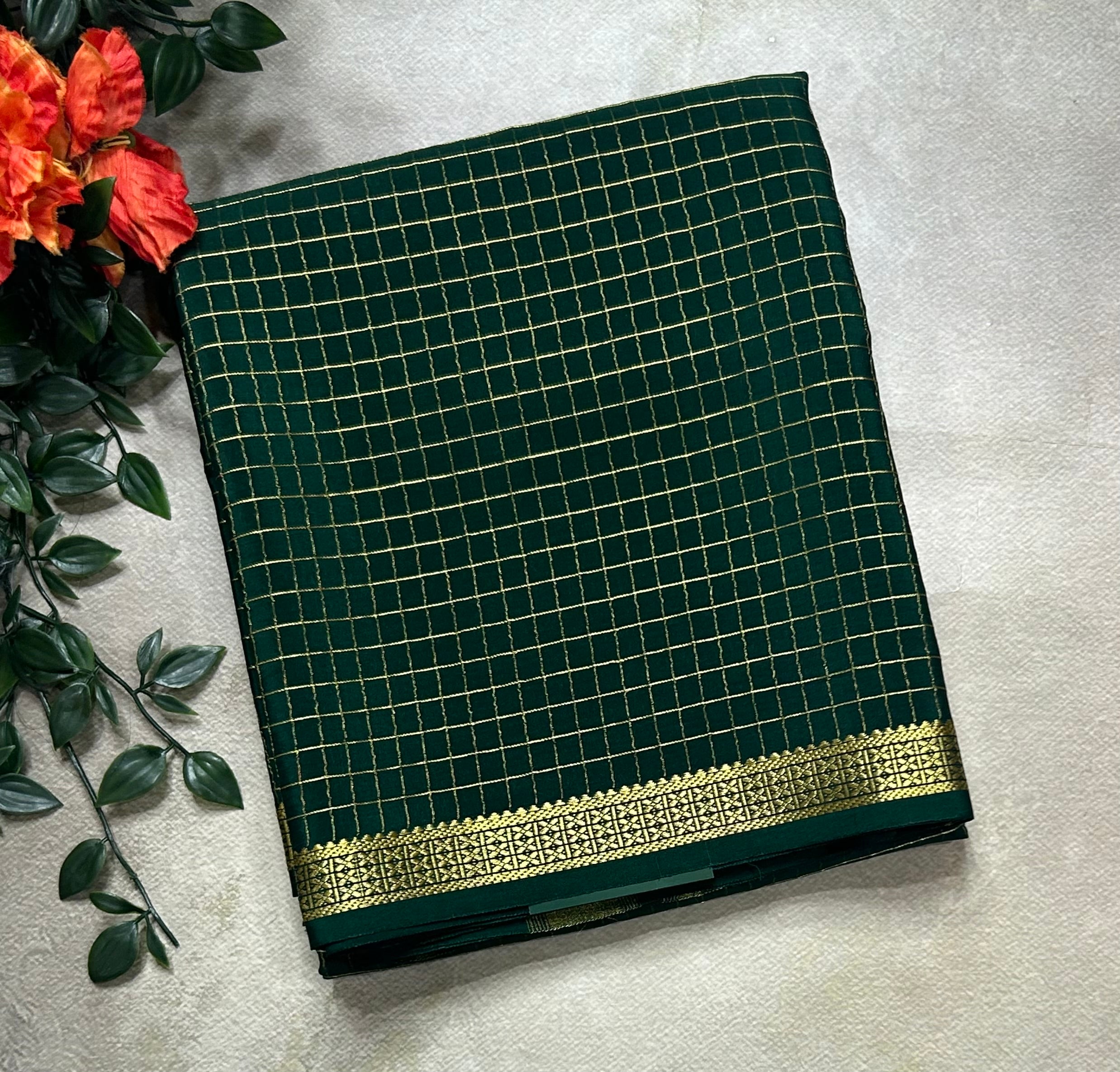 Bottle green small checks pure Mysore silk 105 saree