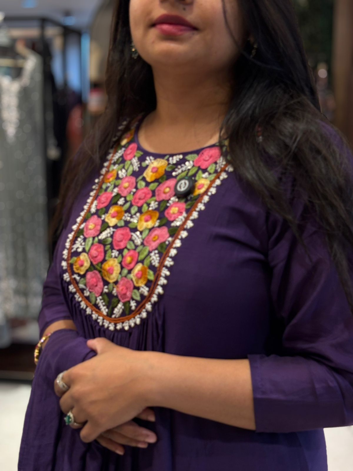 Purple Chinnon Embroidery 308 Airline Handwork Kurtha plus size
