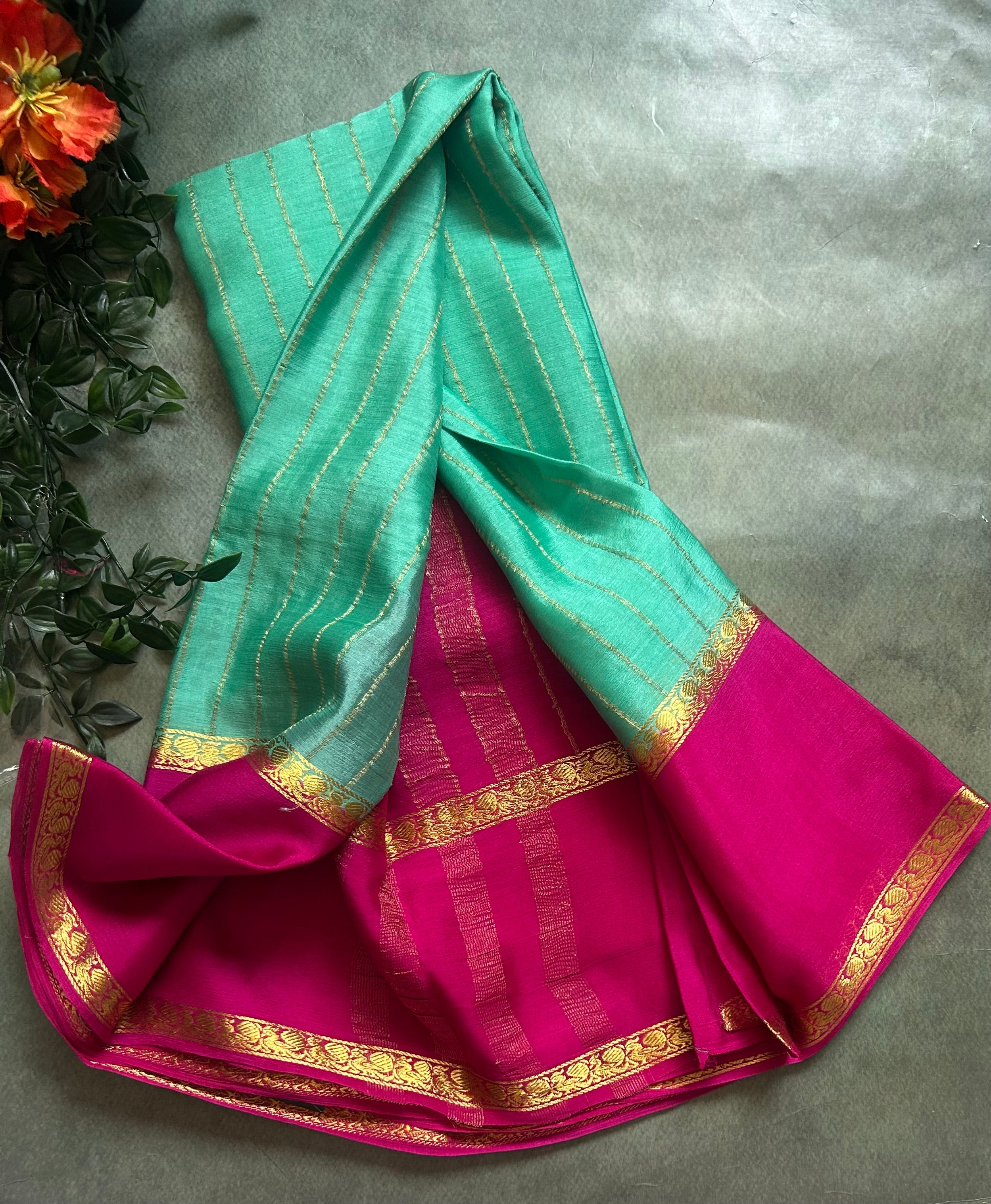 Distemper blue n Rani pink pure wrinkle 103 crepe silk saree