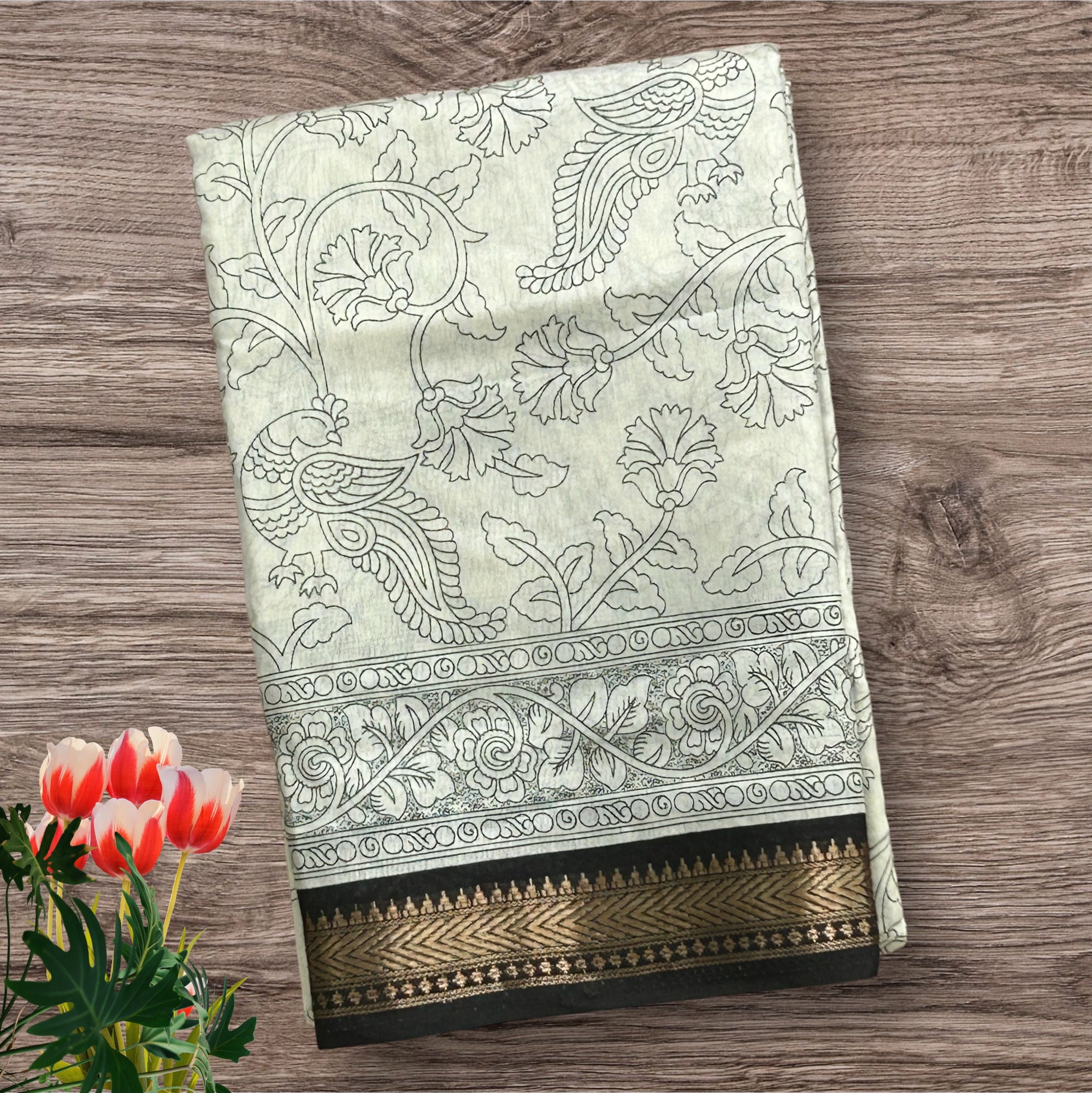 White black -02 kalamkari tussar crepe saree