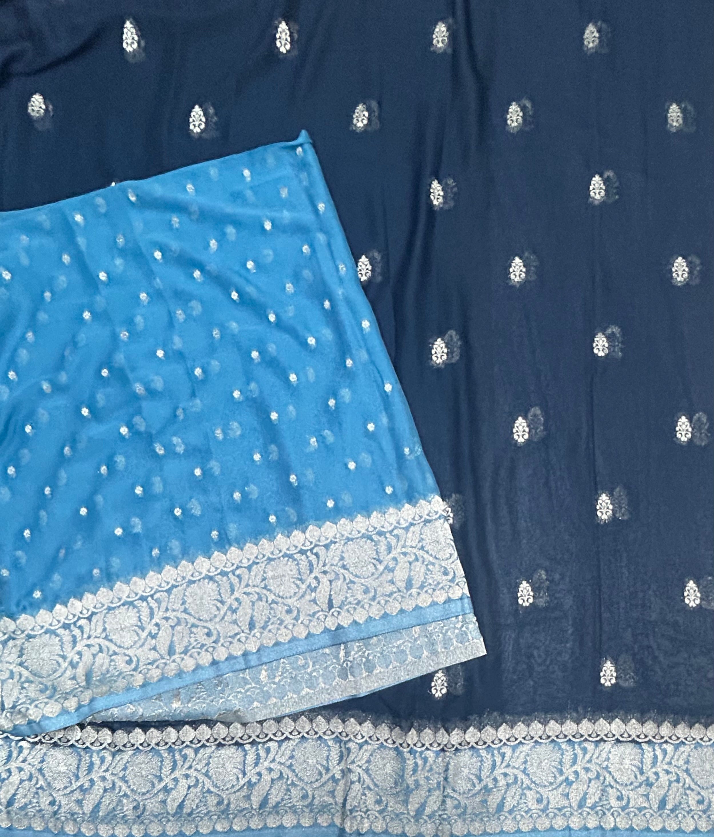 Peacock blue small Butta semi chiffon Benarasi 105 saree