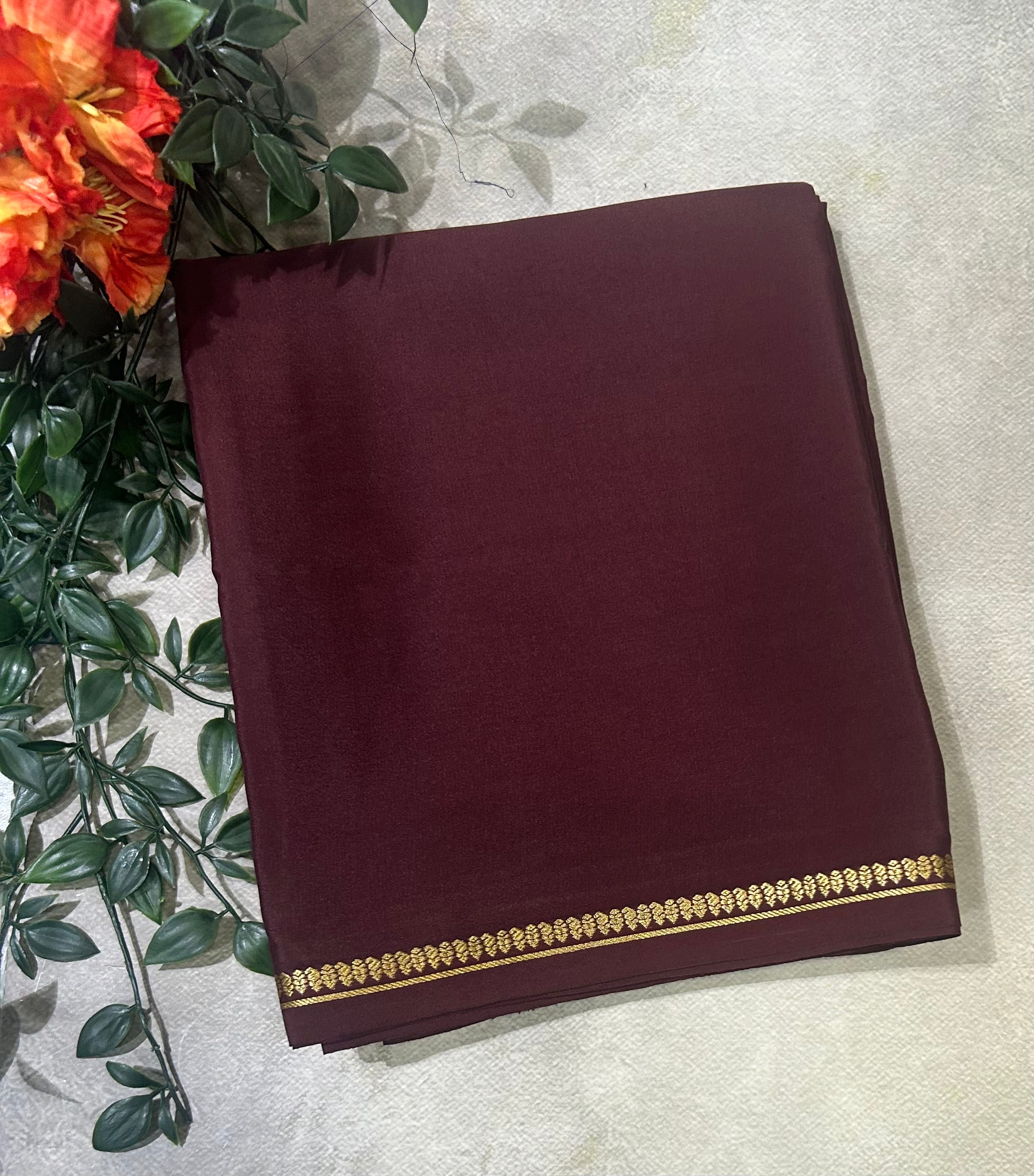 Dark brown small border pure Mysore silk 103 saree