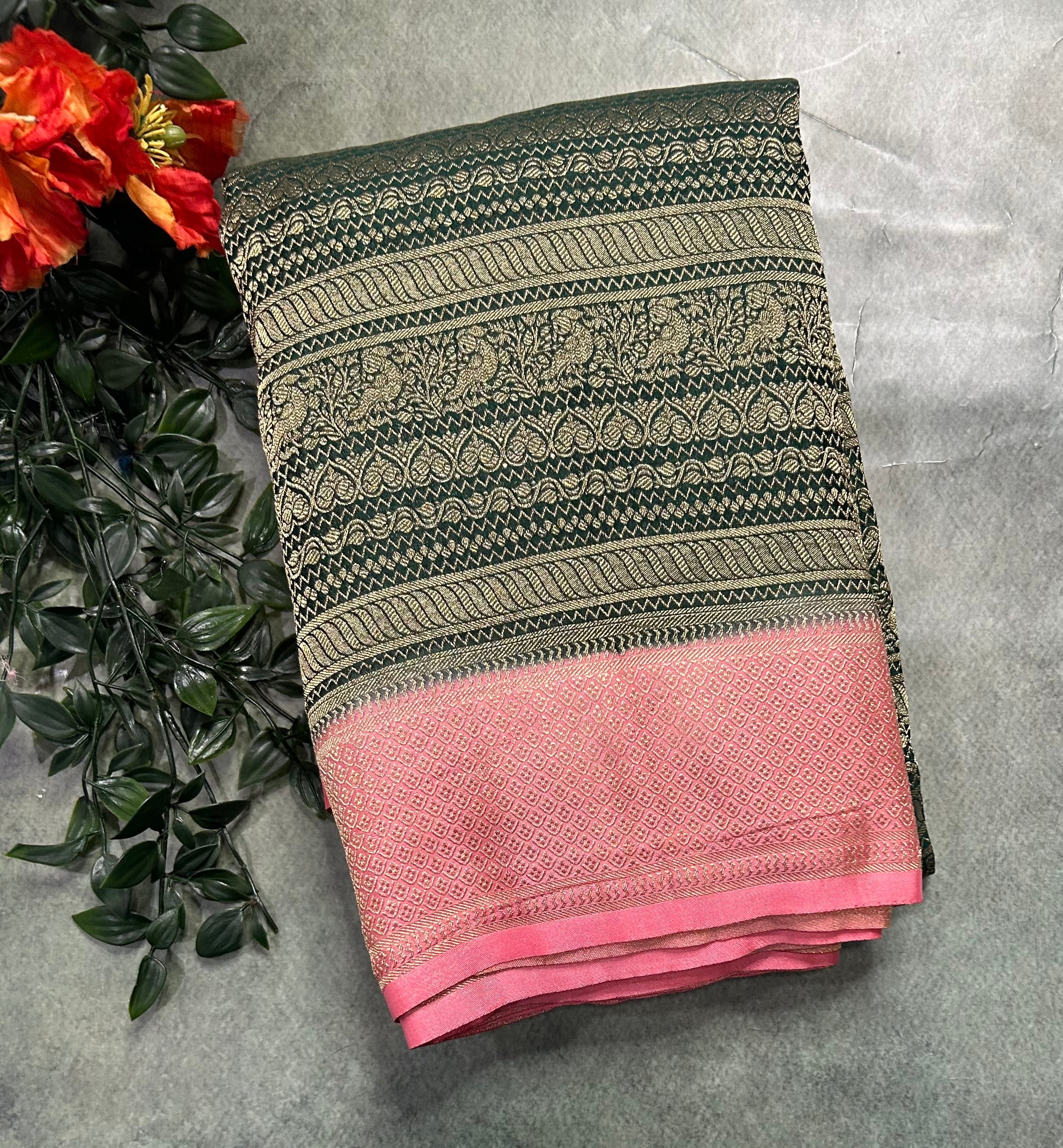 Bottle green brocade semi georgette 105 saree