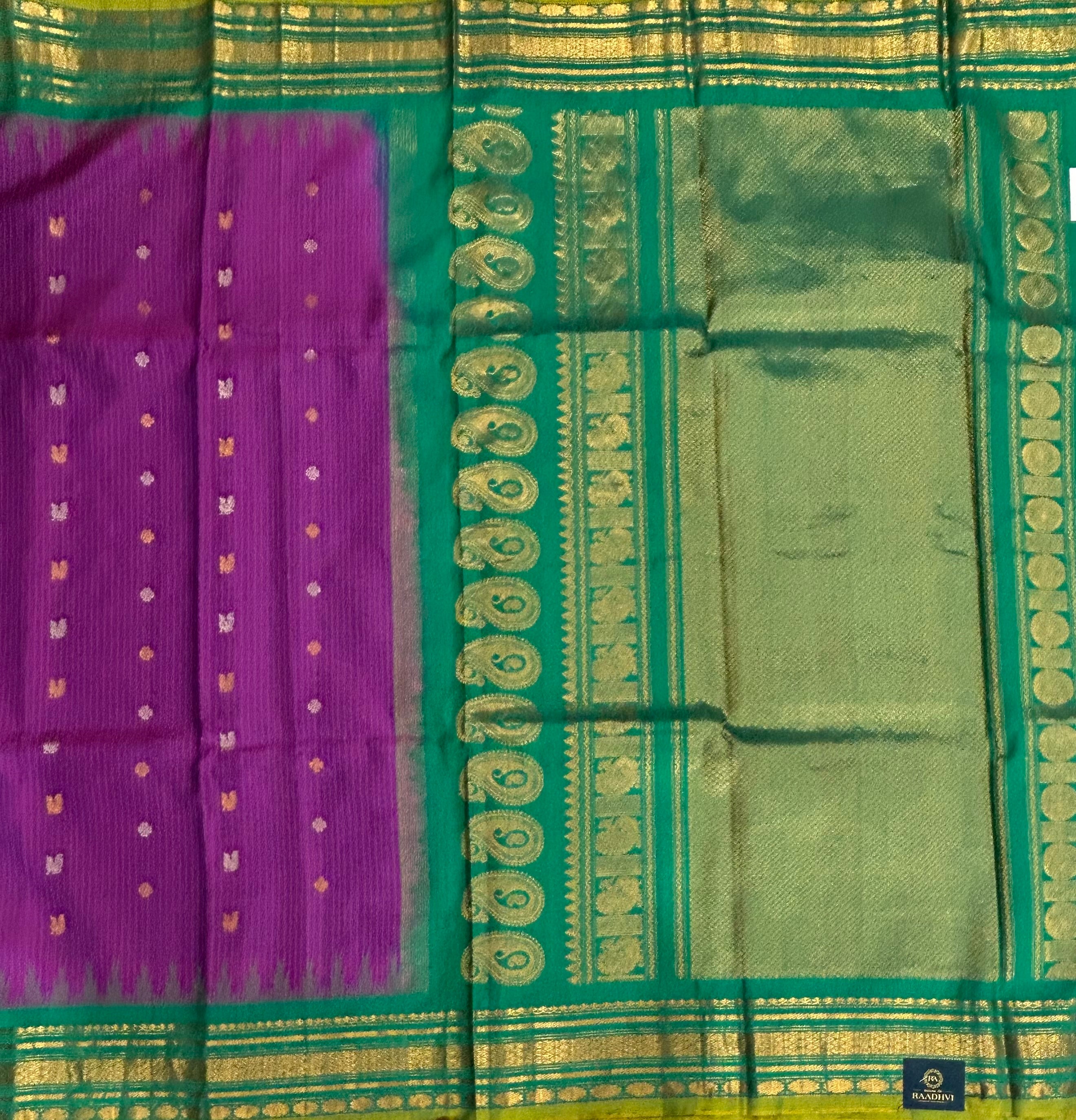 Purple n Rama green small border pure Gadwal saree