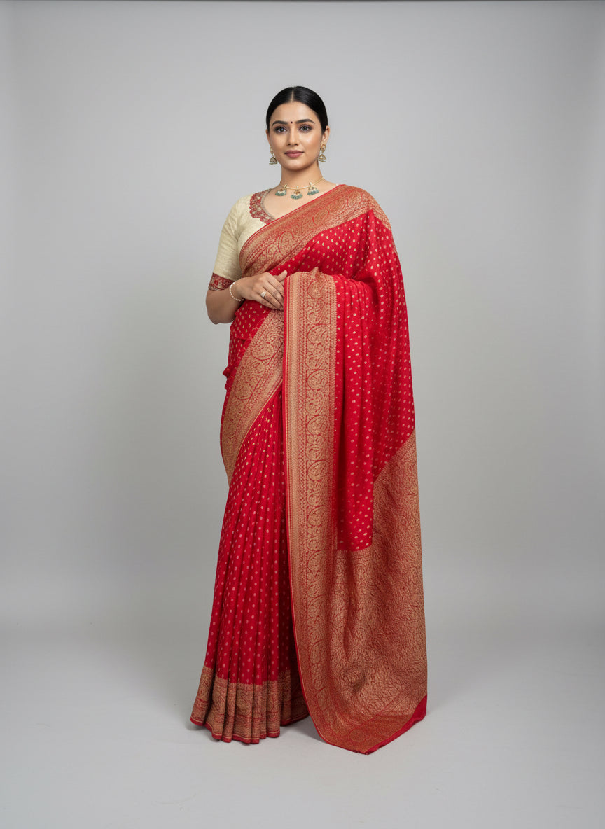 Red pure benarasi crepe-12 silk saree