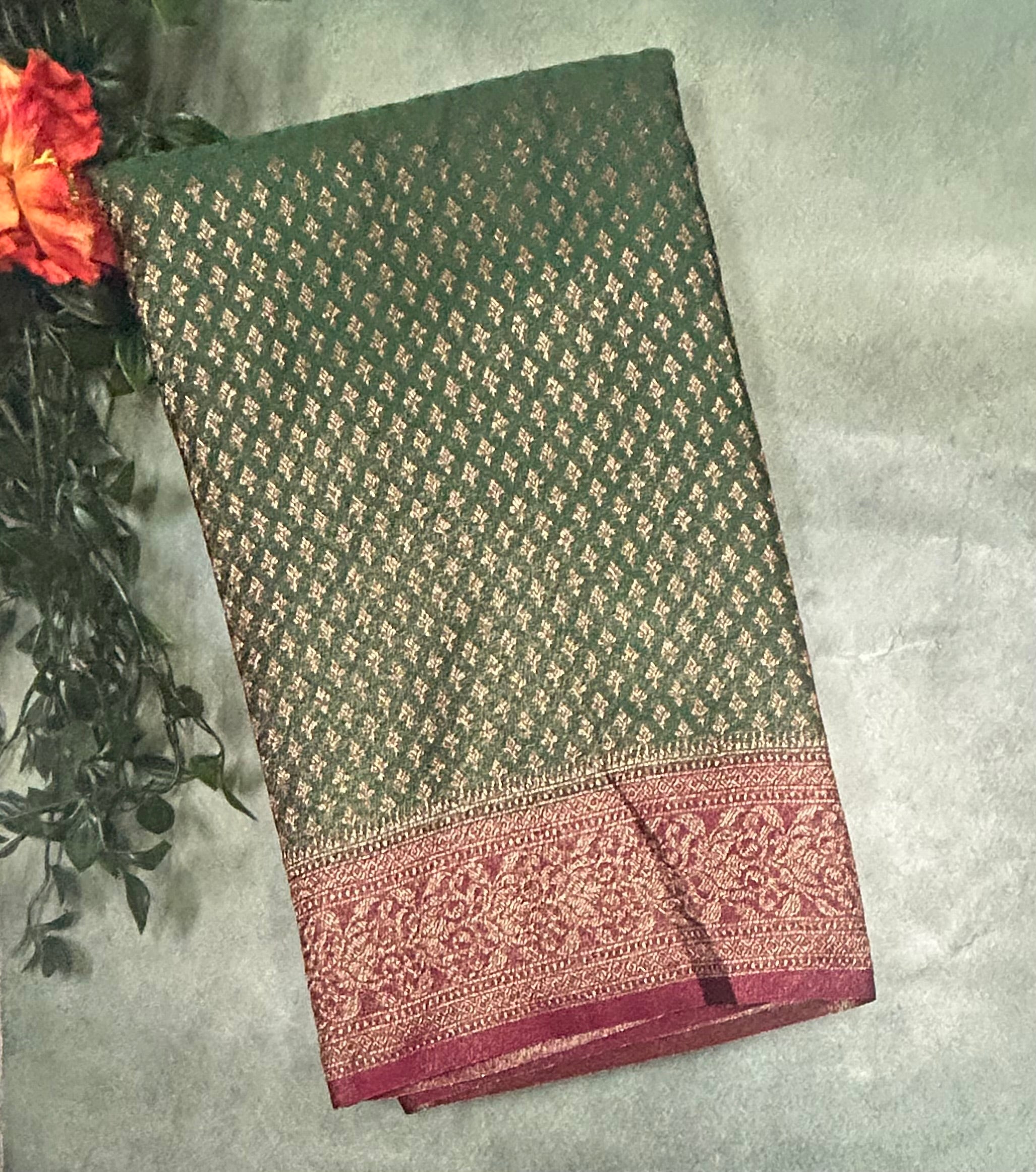 Bottle green brocade dupion  benarasi-105 saree