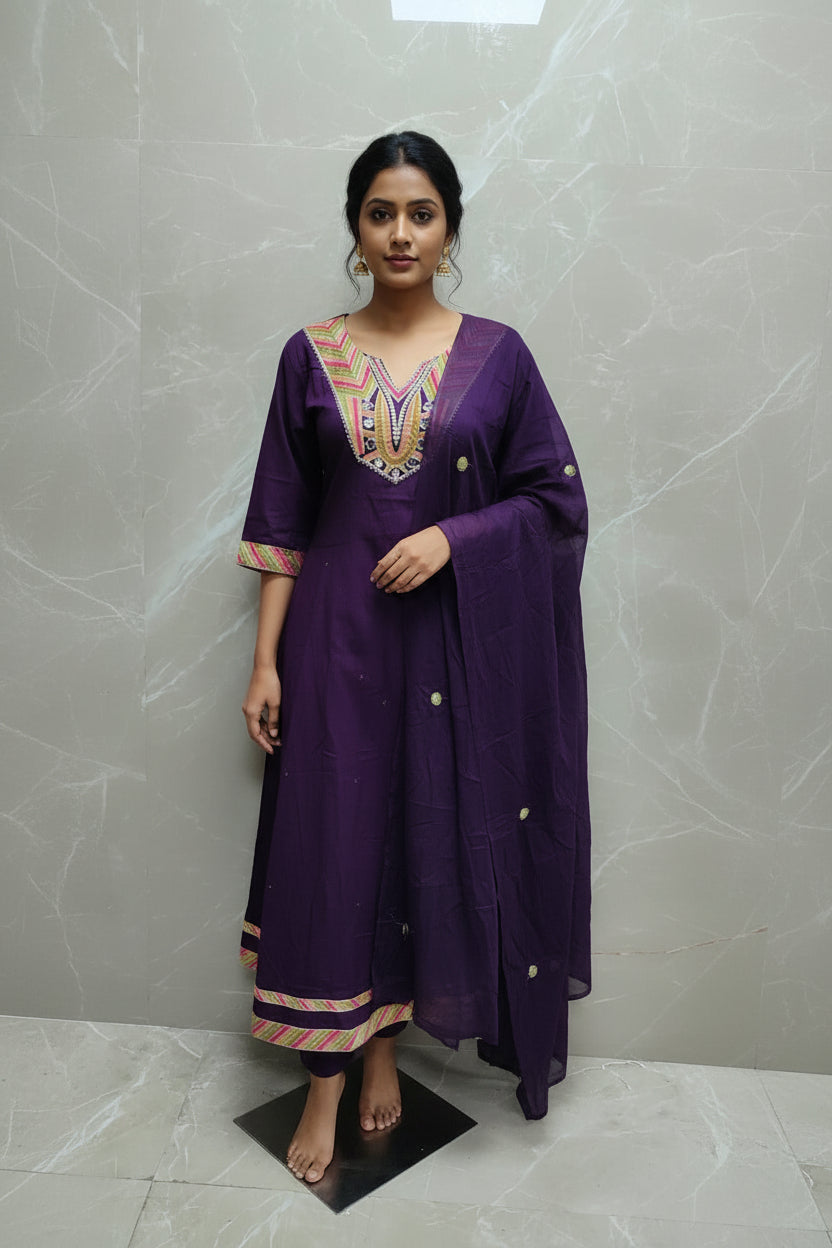 Purple Mul Cotton Block Print Anarkali Kurtha 837