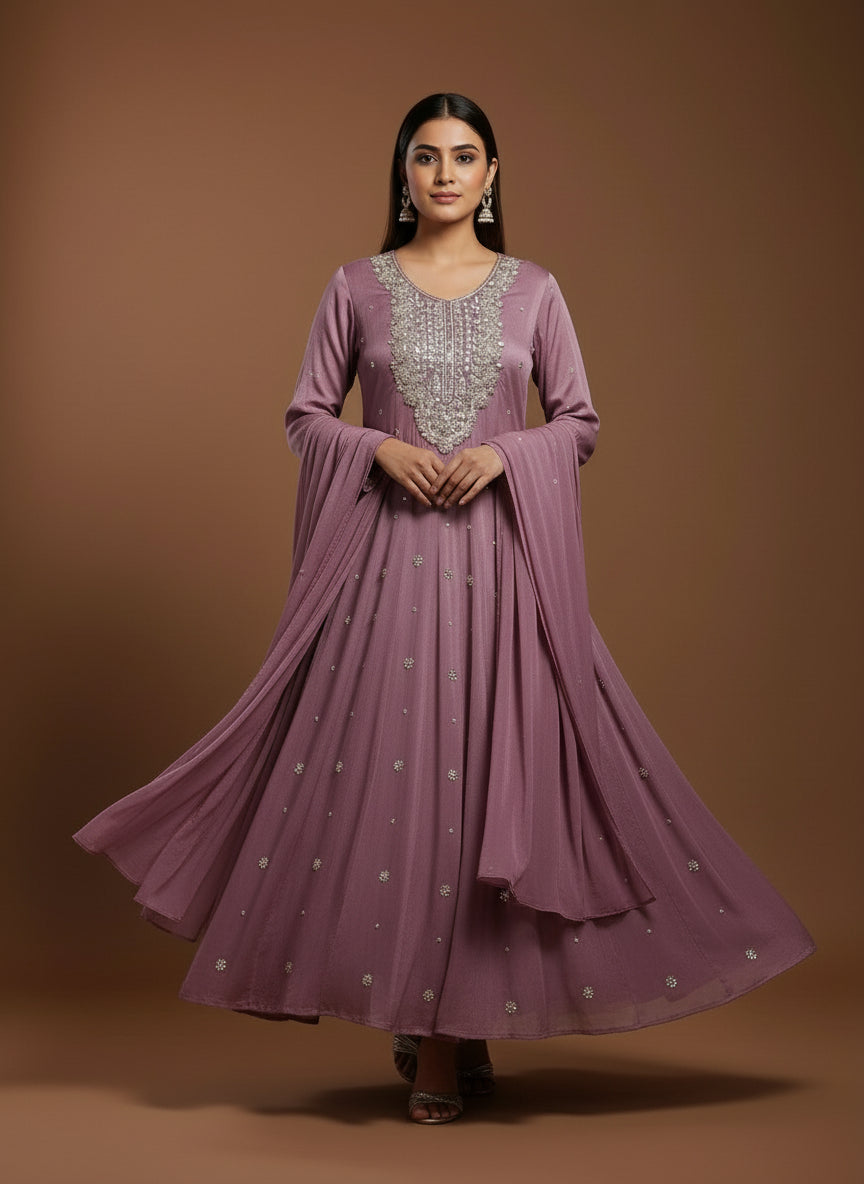 Purple Anarkali Chinnon Hand Embroidery Kurtha 567