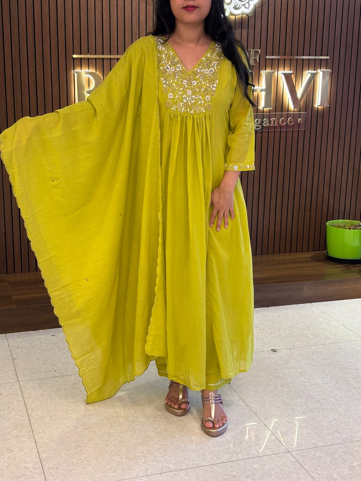 Green Mul Chanderi  Silk Anarkali Handwork Kurtha Set