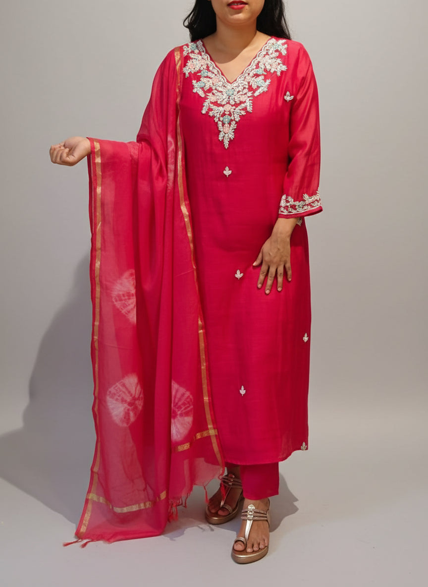 “Pani" Pink Mul Chanderi silk Kurtha with Handwork Embroidery