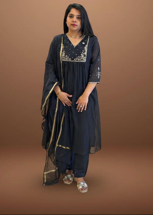 Black Mul Chanderi Hand Embroidery Anarkali Kurtha 228