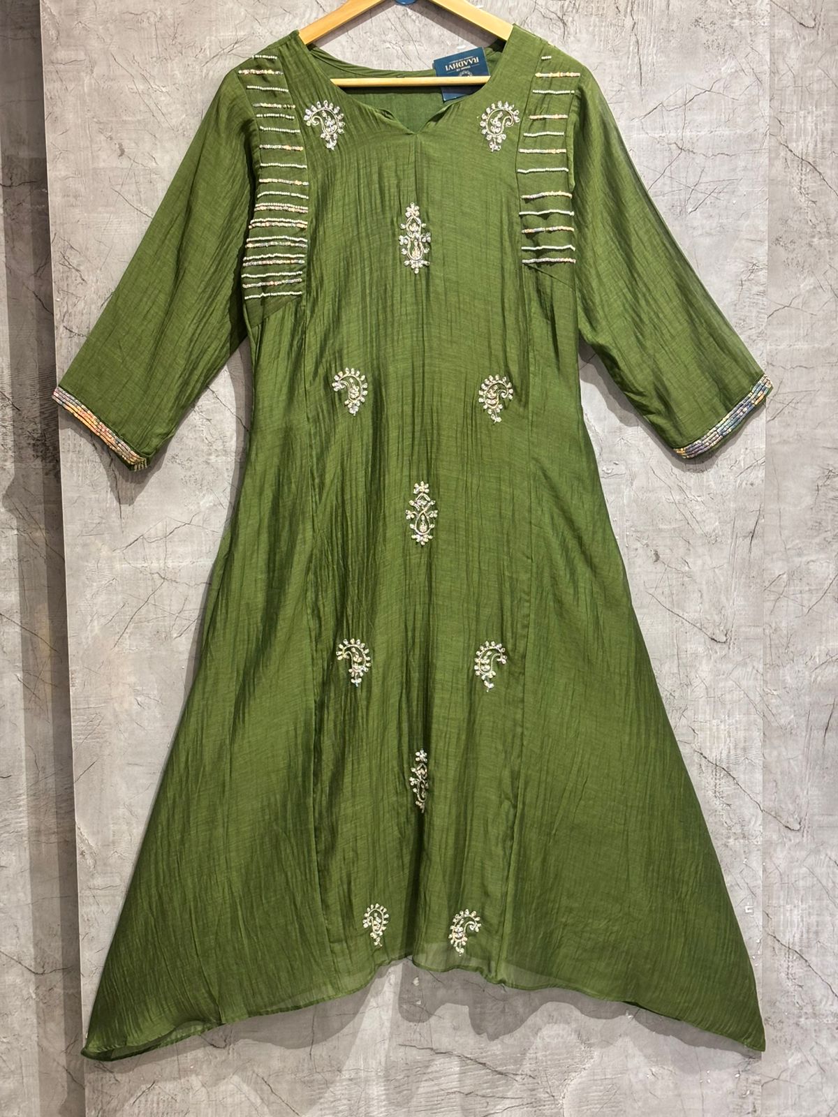Green Mul Chanderi Hand Embroidery Anarkali Kurtha 999