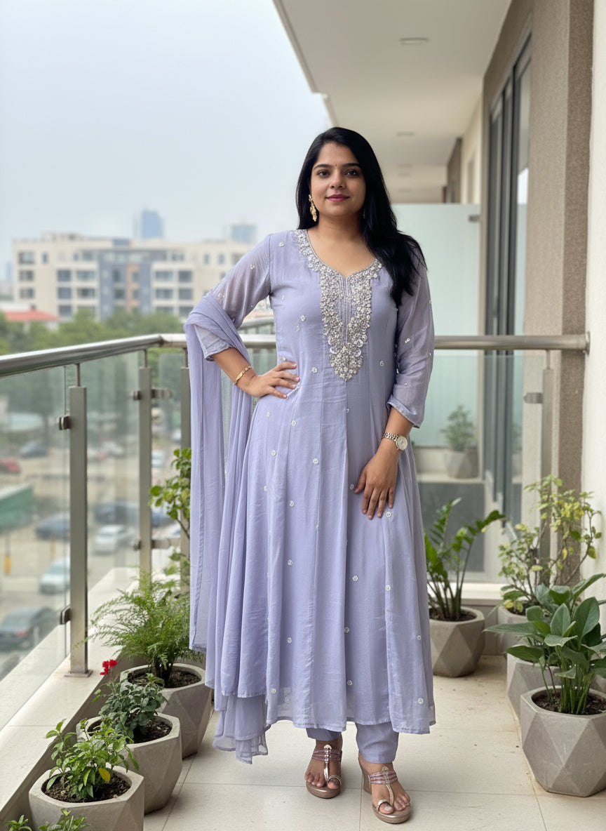 Lilac Anarkali Chinnon Hand Embroidery Kurtha 567