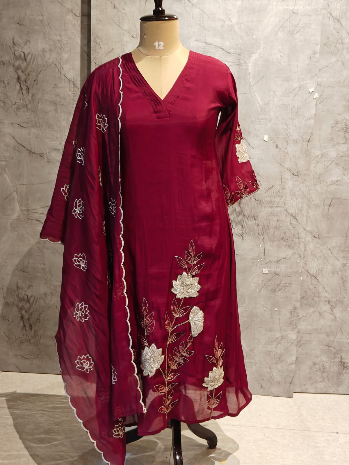 Wine Mul Chandheri A line Kurtha  151