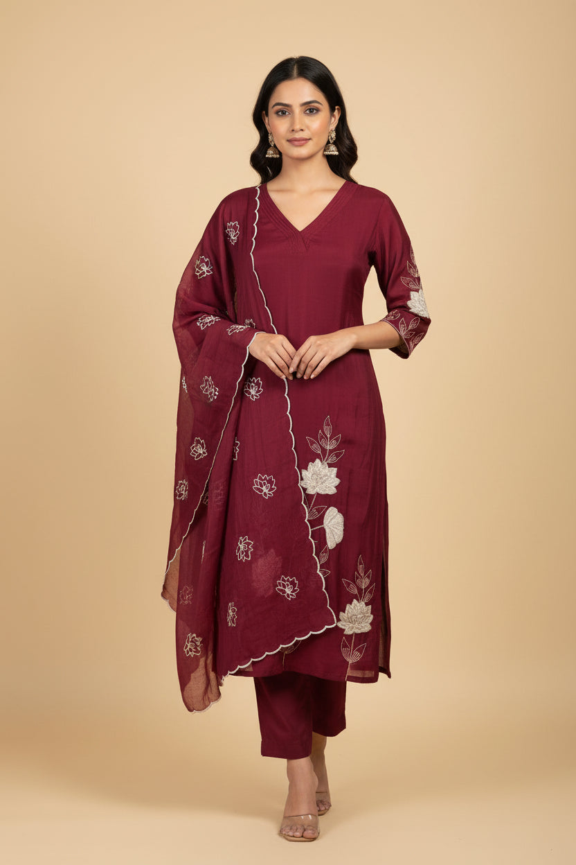 Wine Mul Chandheri A line Kurtha  151